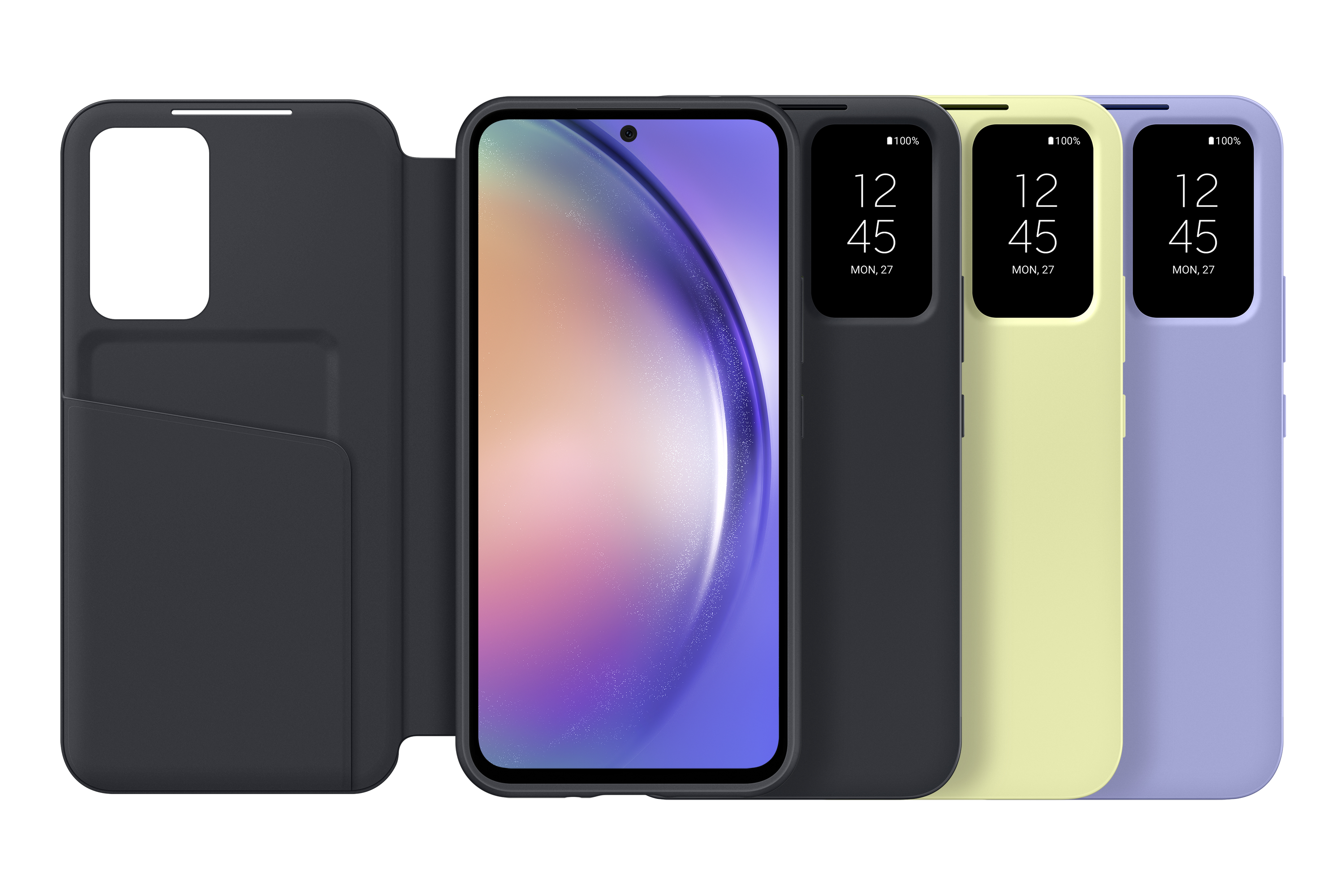 Cuatro fundas de teléfono, tres juntas. Una está abierta, revelando el teléfono. Diferentes colores.