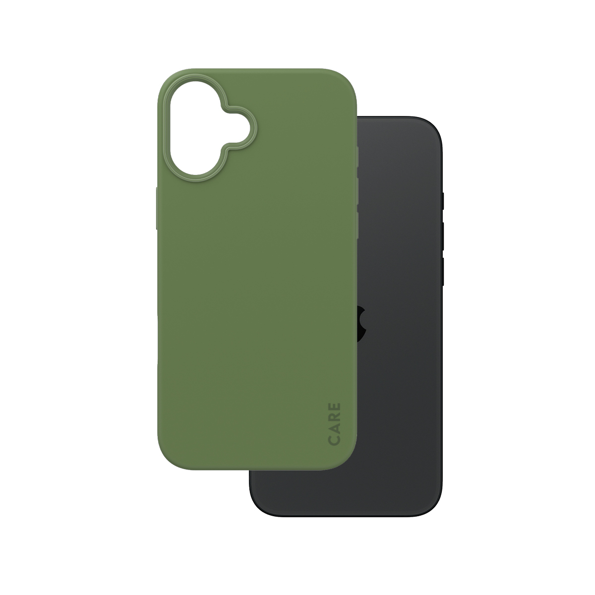 Custodia verde per telefono su un telefono nero. La custodia è di un colore pieno. Il telefono è sullo sfondo.