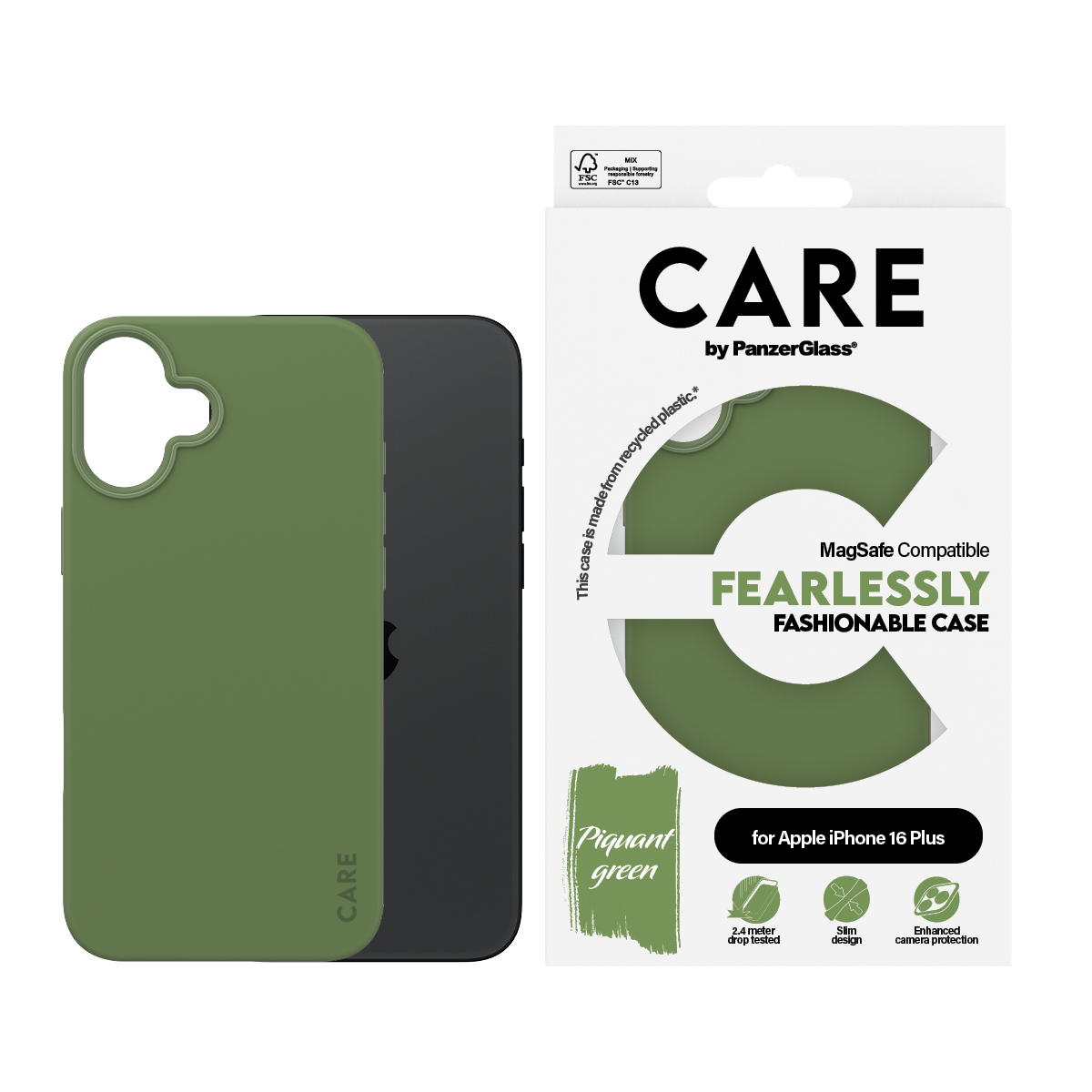 Custodia verde per telefono con telefono nero e scatola bianca. Testo: CARE by PanzerGlass.