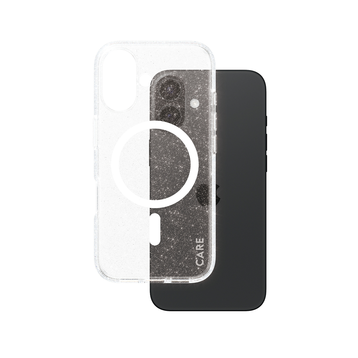 Custodia trasparente per iPhone con retro glitterato, telefono nero. Anello MagSafe bianco.