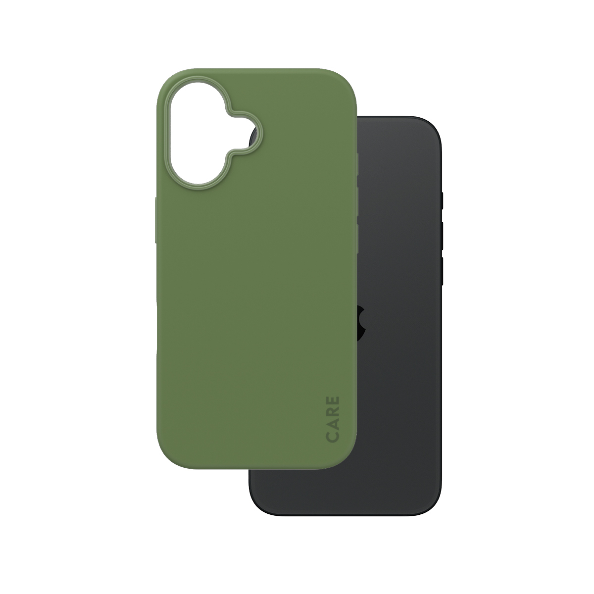 Siyah iPhone ile yeşil telefon kılıfı. CARE logosu kılıfta.