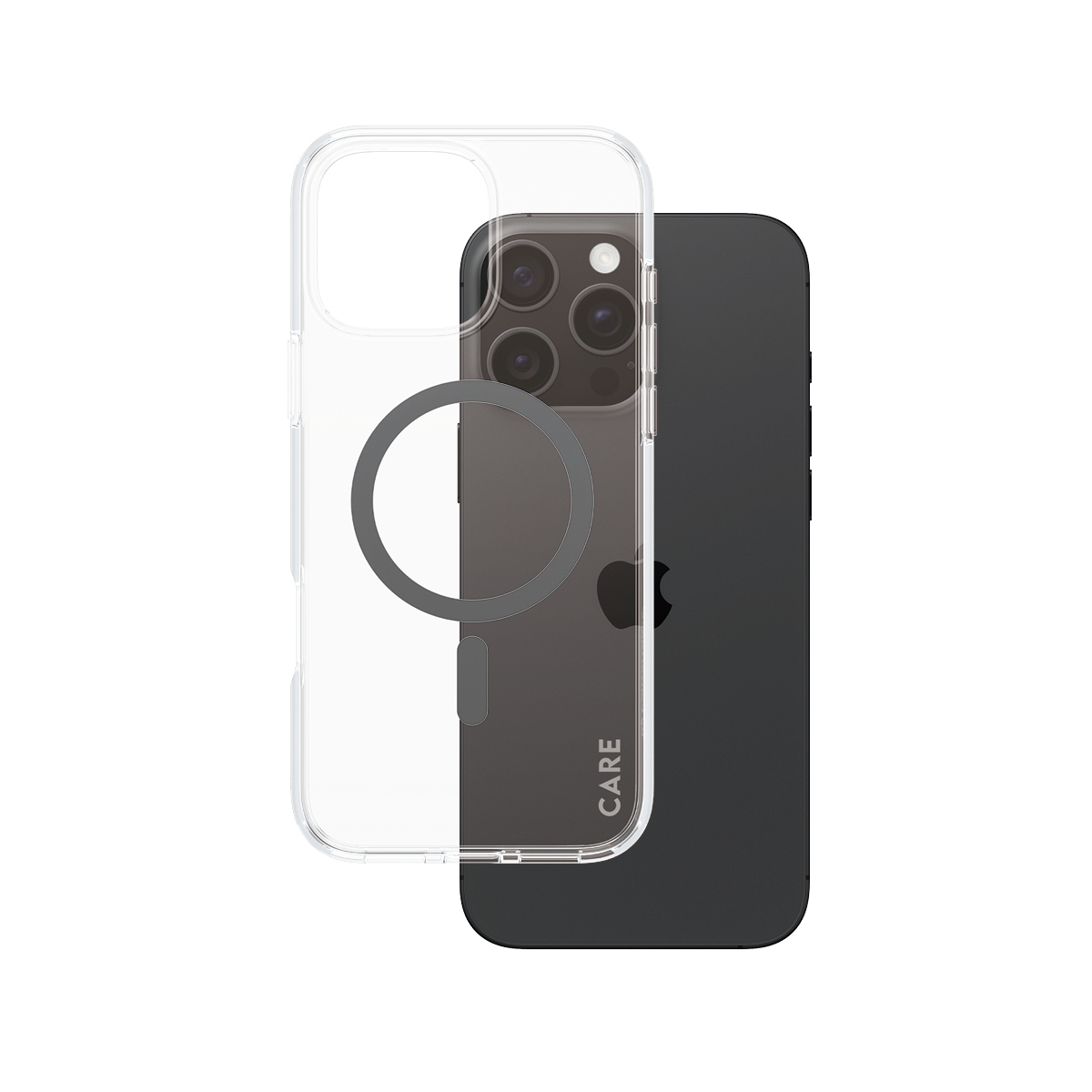 Siyah bir telefon ve beyaz bir kutu ile şeffaf bir telefon kılıfı. Metin: CARE by PanzerGlass.