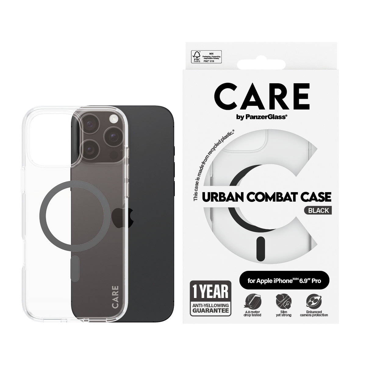 Gri bir daire ve beyaz bir kutu ile şeffaf telefon kılıfı. Kutu üzerinde 'CARE' ve 'URBAN COMBAT CASE' yazıyor.