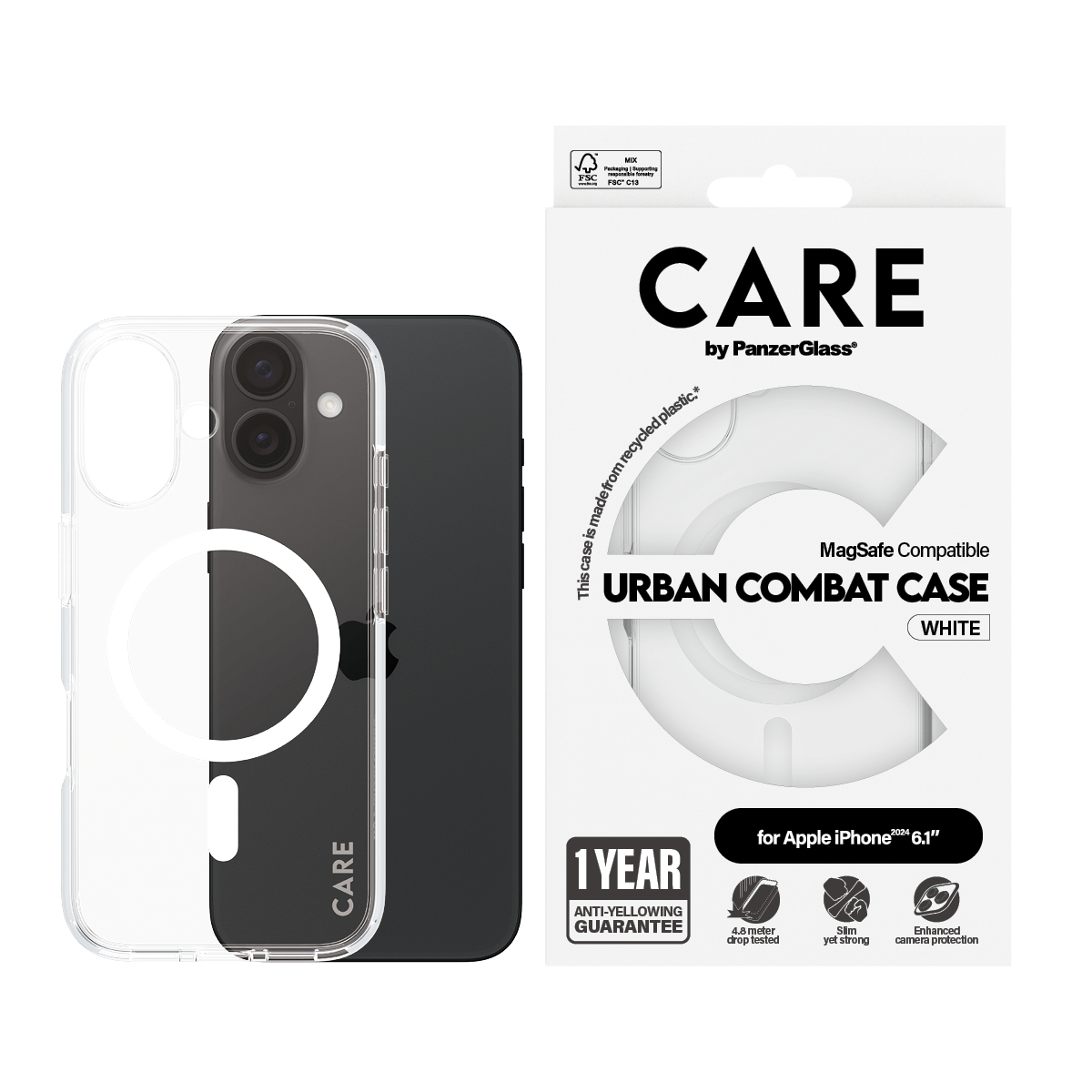 Şeffaf iPhone kılıfı, beyaz kenar, siyah telefon üzerinde. Beyaz ambalaj, metin: URBAN COMBAT CASE. Logo: CARE.
