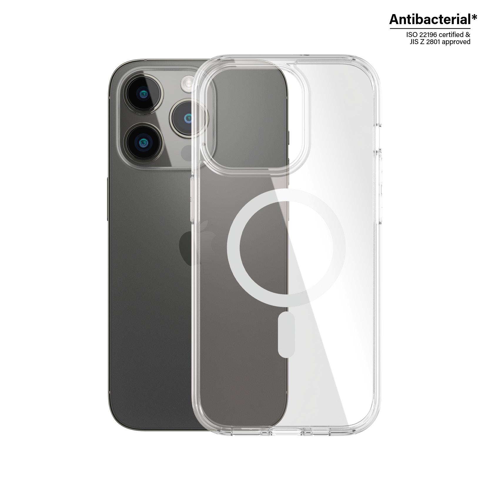 Üzerinde şeffaf bir kılıf bulunan bir iPhone, telefonun arkasını gösteriyor. Kılıf, antibakteriyel sertifikalıdır.