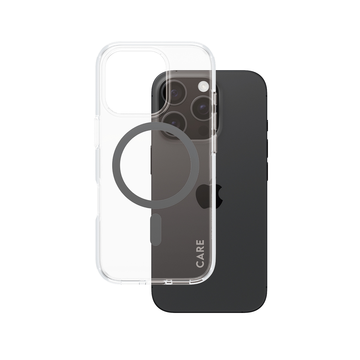 Transparente Handyhülle mit grauem Kreisdesign. Schwarzes Telefon. Die Hülle ist auf einer weißen Box. Text: 'CARE'.