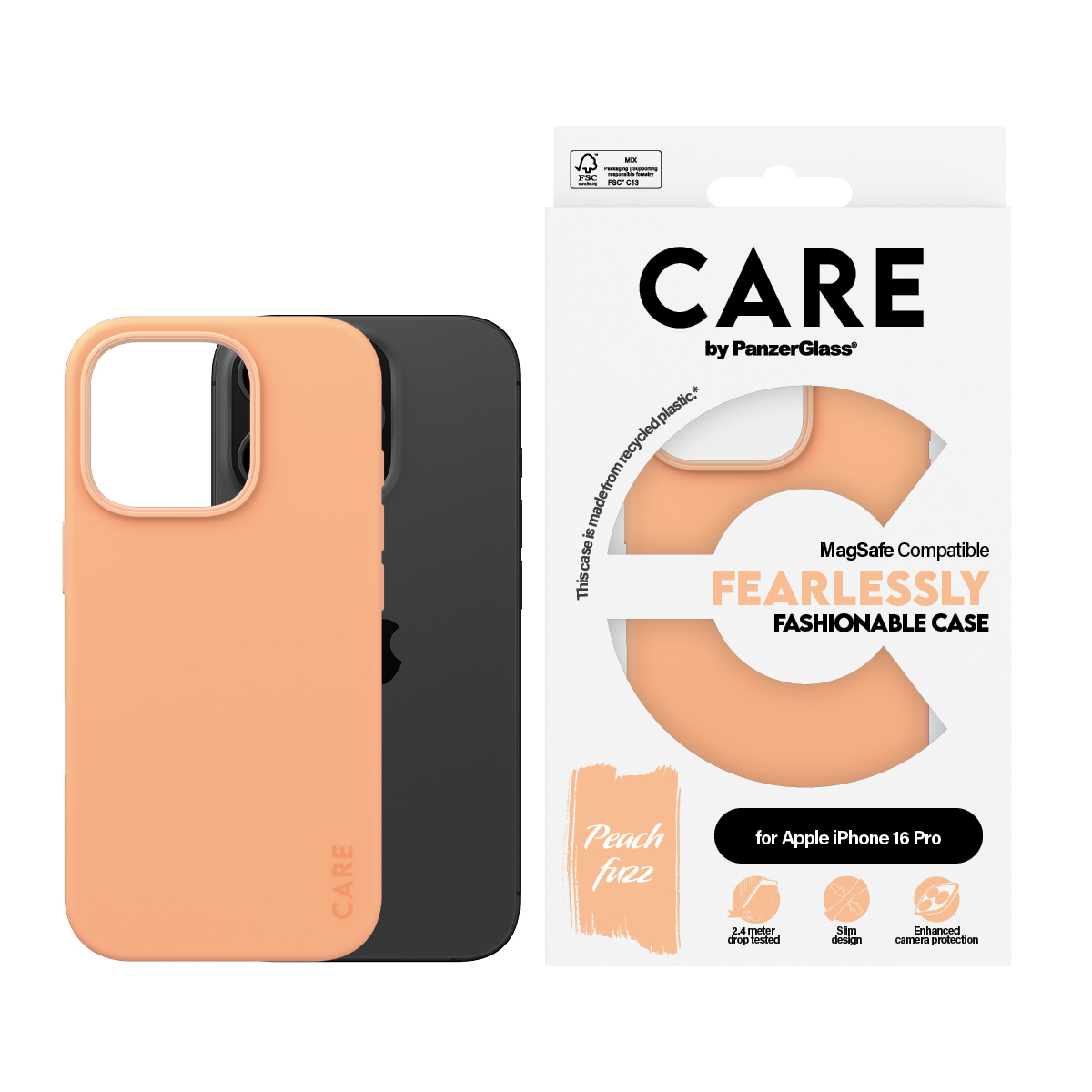 Siyah bir telefon ve beyaz bir kutu ile şeftali rengi bir telefon kılıfı. Metin: CARE by PanzerGlass.