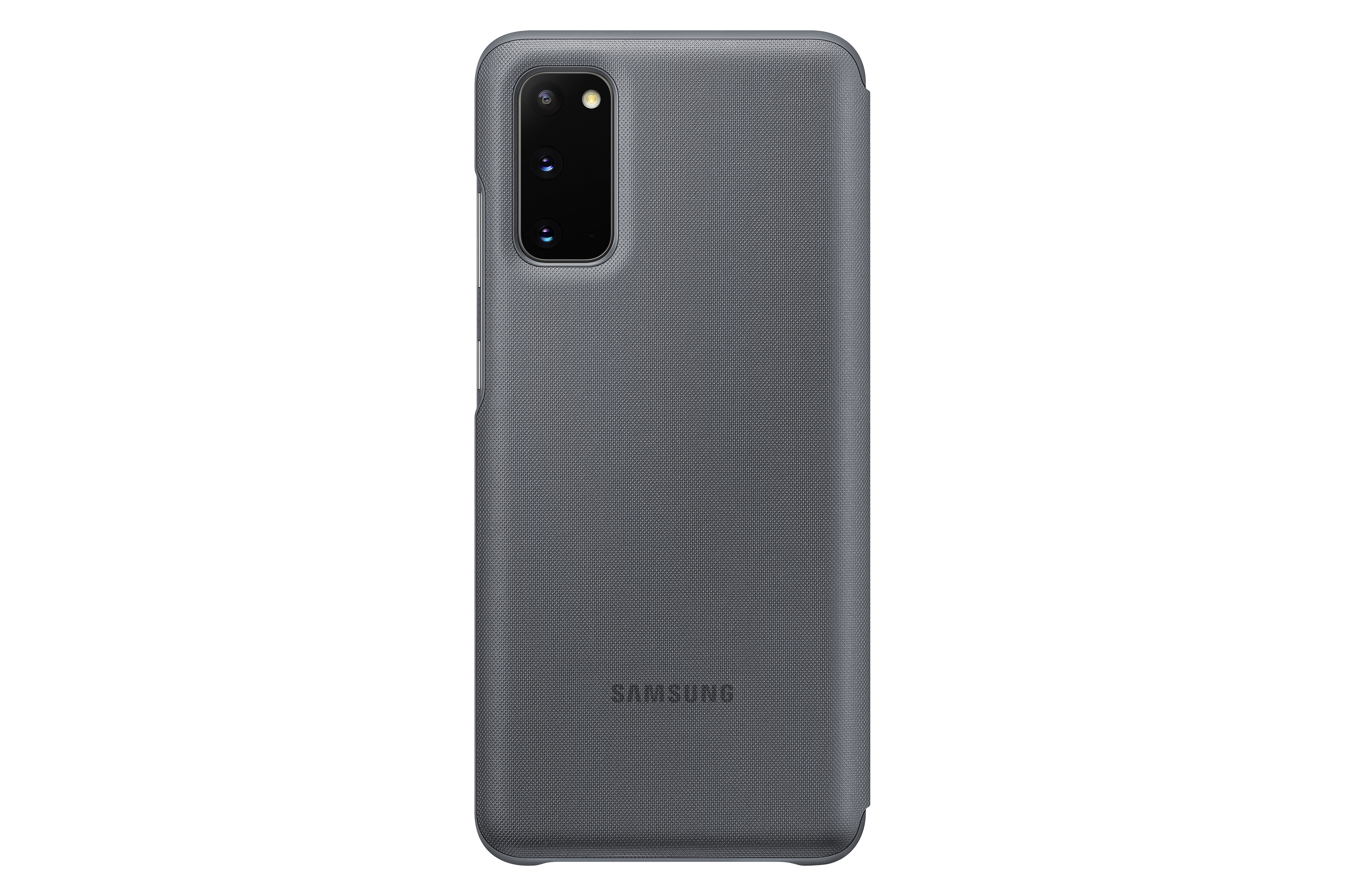 Graues Telefon mit Dreifach-Objektivkamera, mit Samsung-Branding auf der Rückseite.