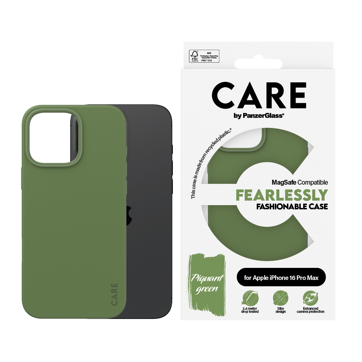Yeşil telefon kılıfı ve kutusu, beyaz zemin. Kutuda metin: CARE, Fearlessly fashionable case.