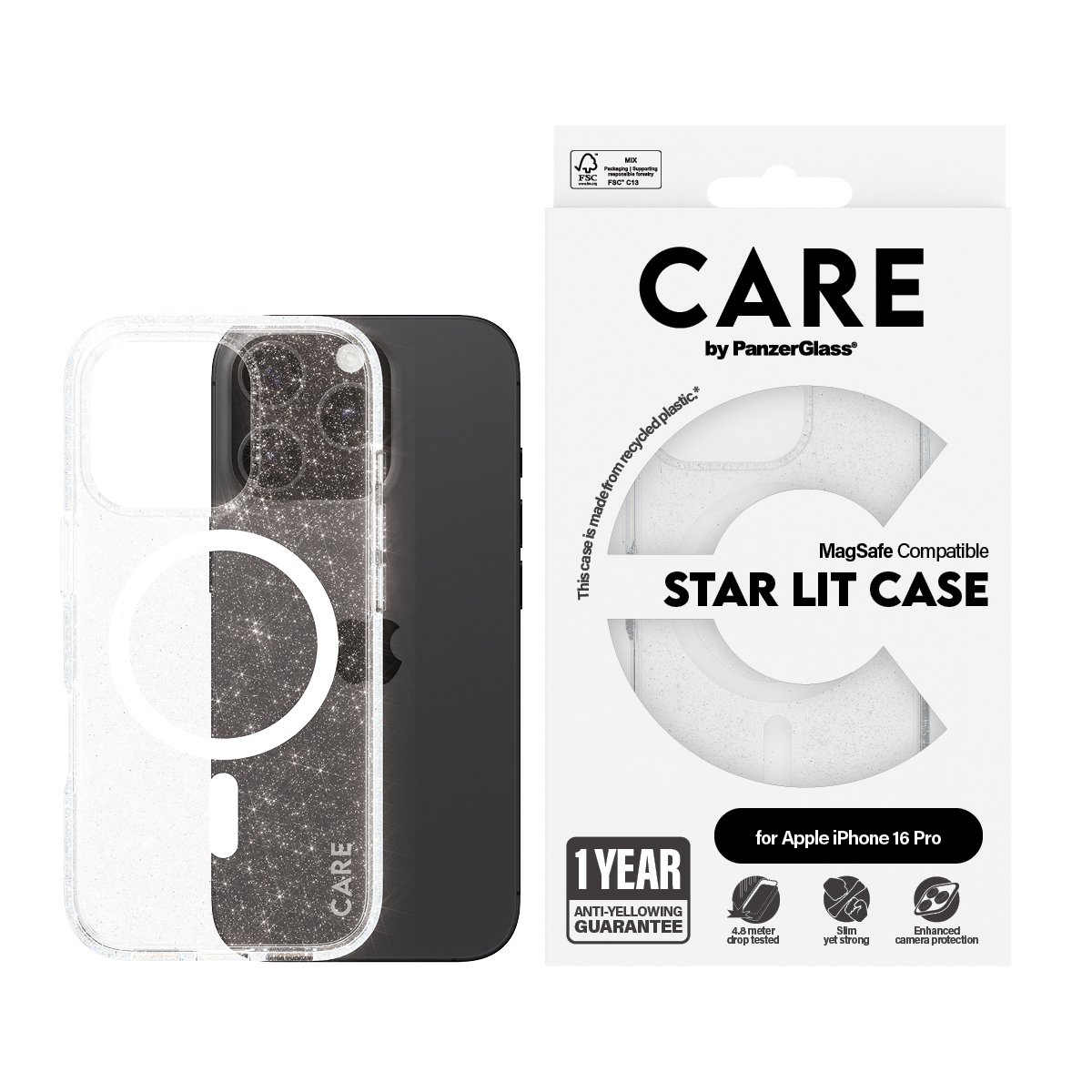 Custodia per iPhone trasparente con glitter e confezione. La custodia ha dettagli neri, telefono all'interno.