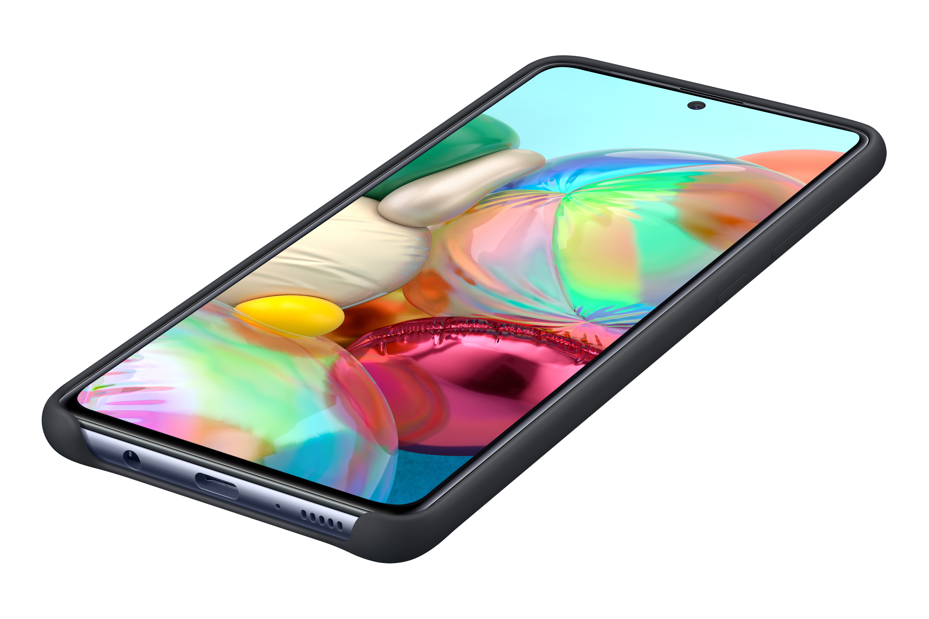 Teléfono negro en una funda negra. El teléfono está en ángulo, con la pantalla hacia arriba.