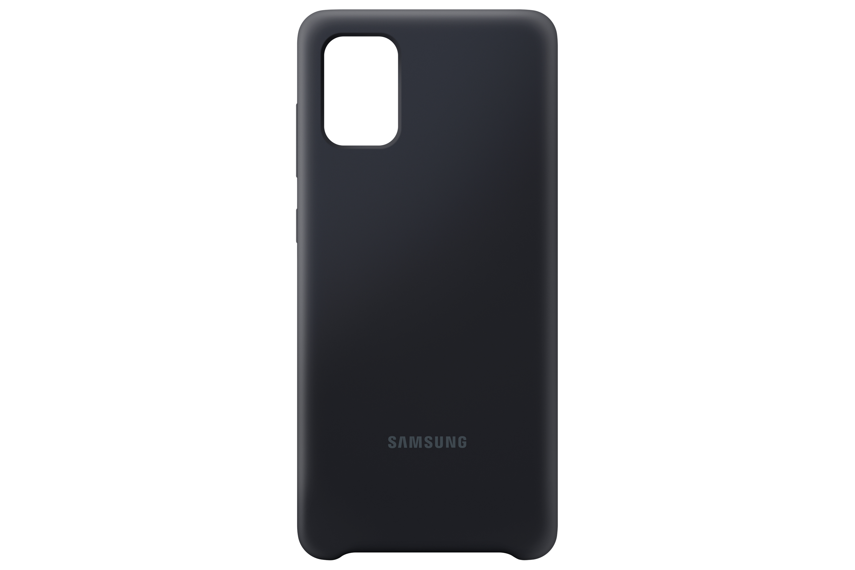 Funda de teléfono negra con recorte para la cámara y el logotipo de Samsung en la parte inferior.