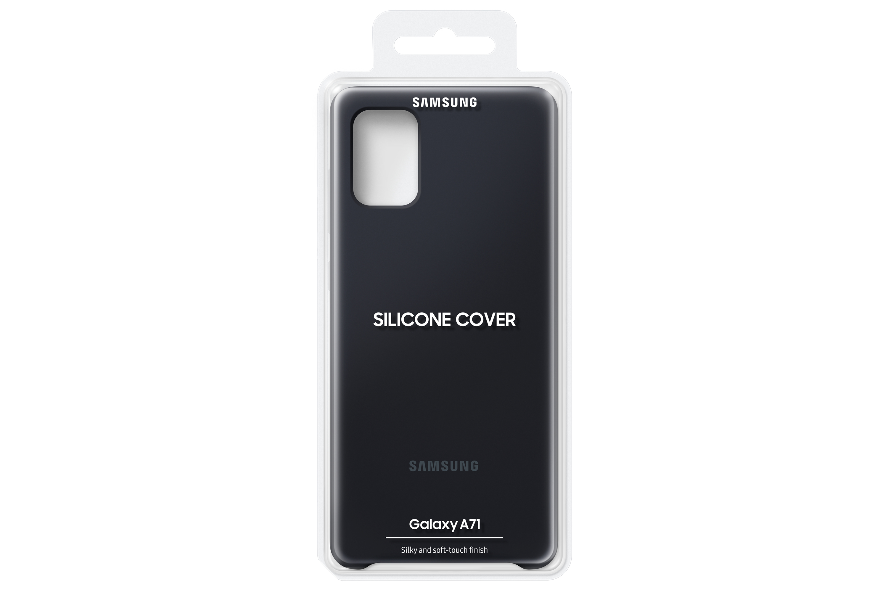 Funda negra para teléfono en embalaje con logo Samsung y texto 'SILICONE COVER'.