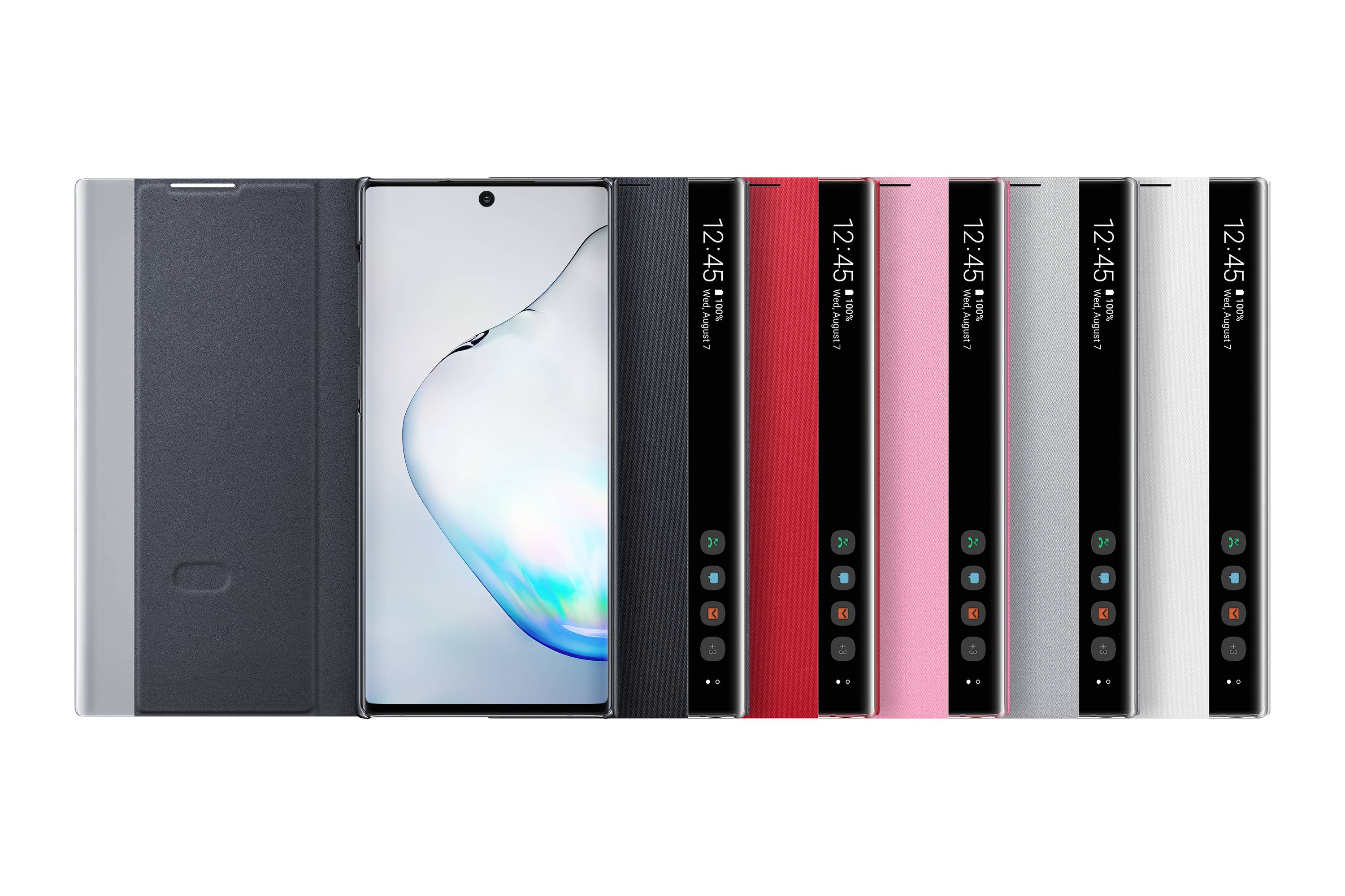 Telefoni con custodie di vari colori. Orario visualizzato: 12:45, 7 agosto.