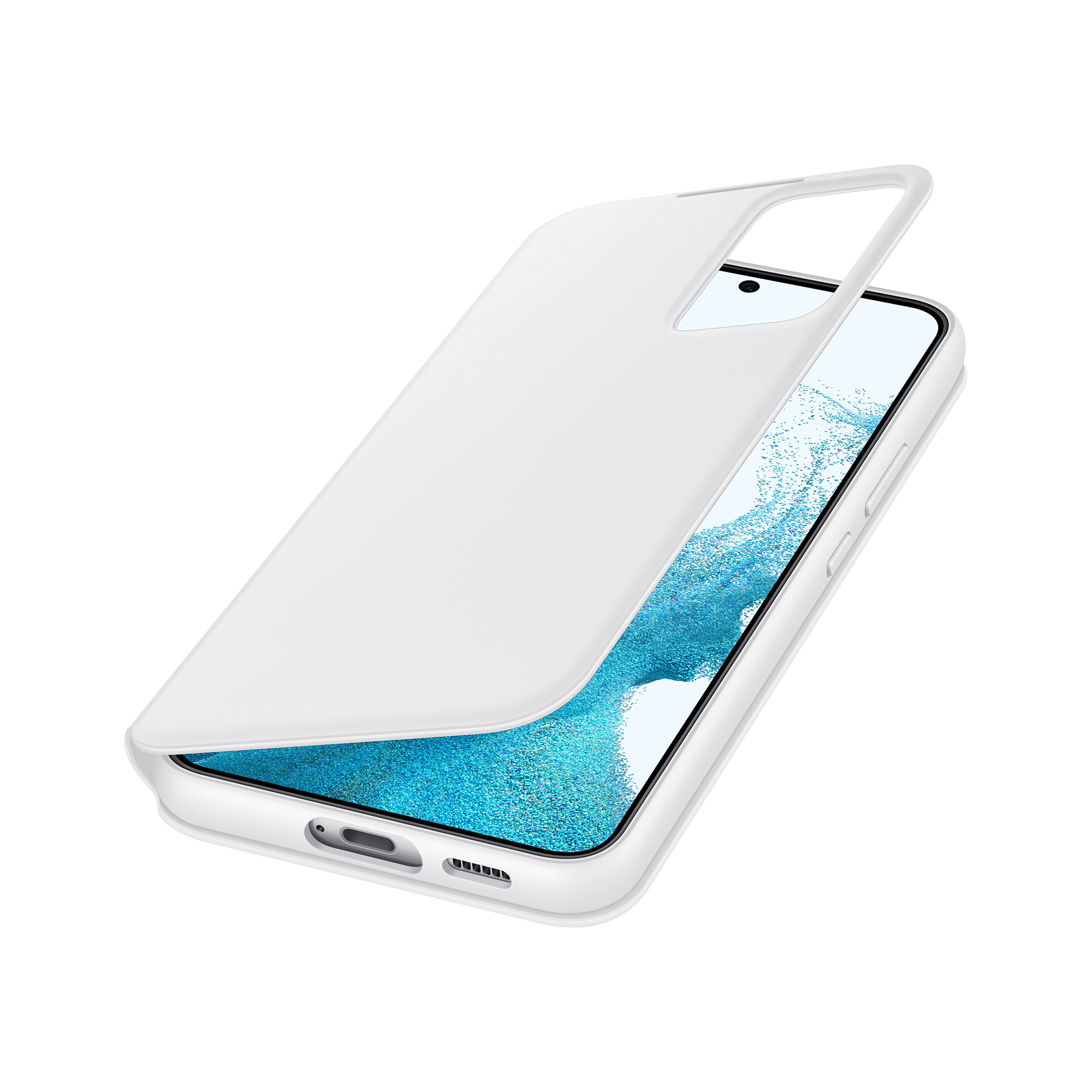 Una funda de teléfono blanca que se coloca en un teléfono sobre una superficie blanca, con la pantalla visible.