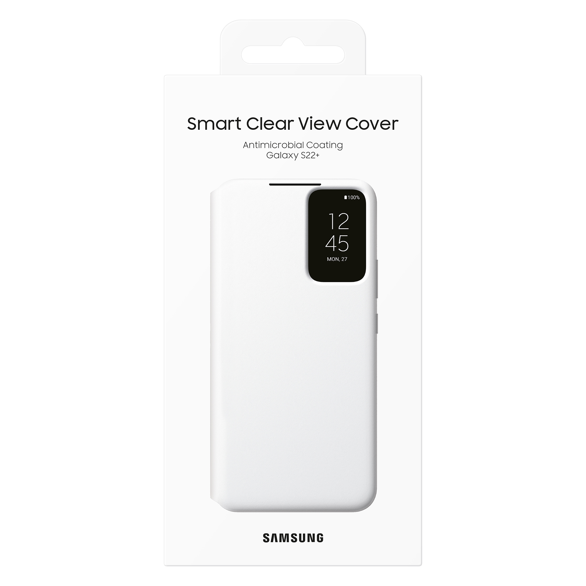 Embalaje de funda de teléfono blanca con logotipo de Samsung. Muestra un teléfono con pantalla mostrando la hora.