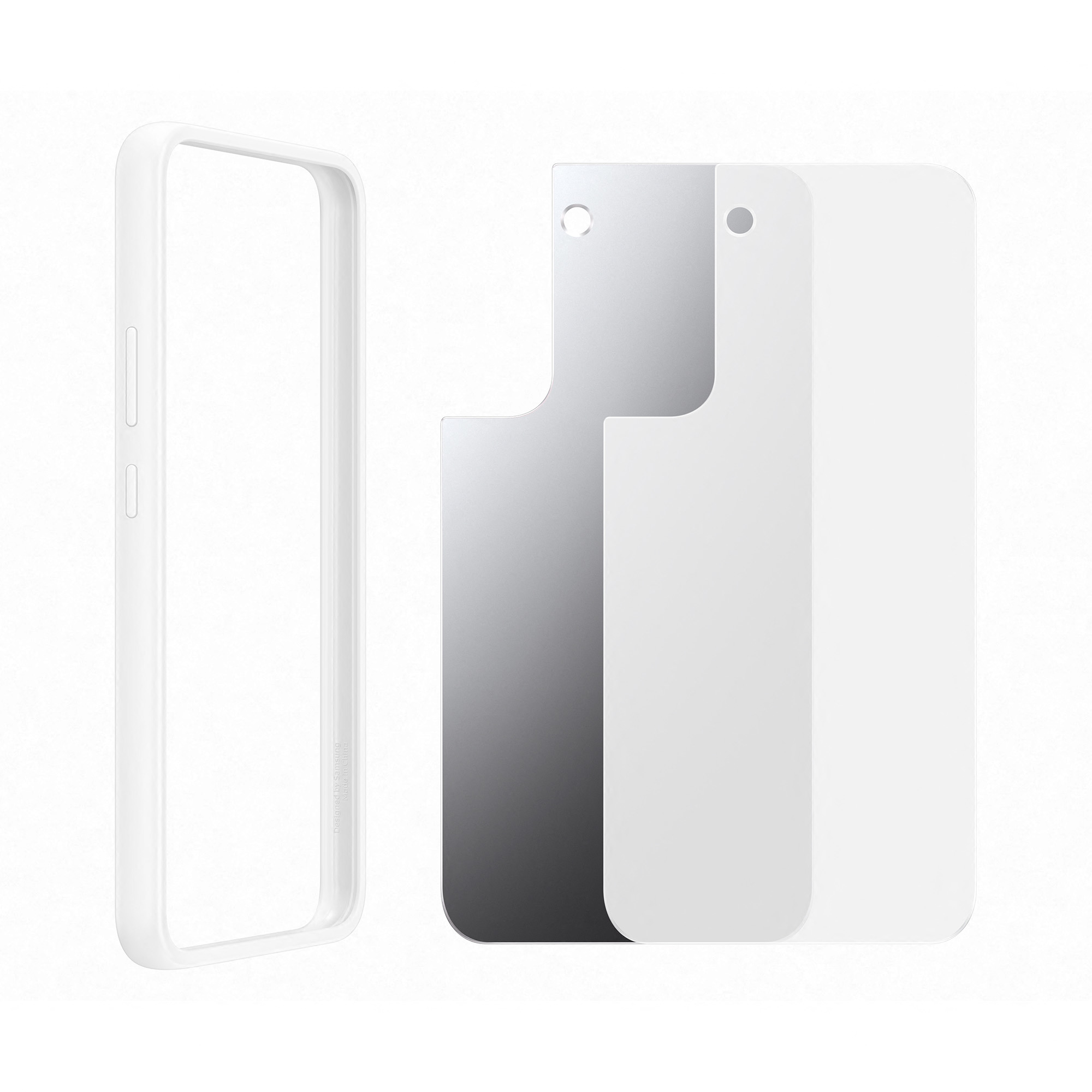 Telefoonhoesje, witte rand, met twee transparante beschermvellen, ontworpen.