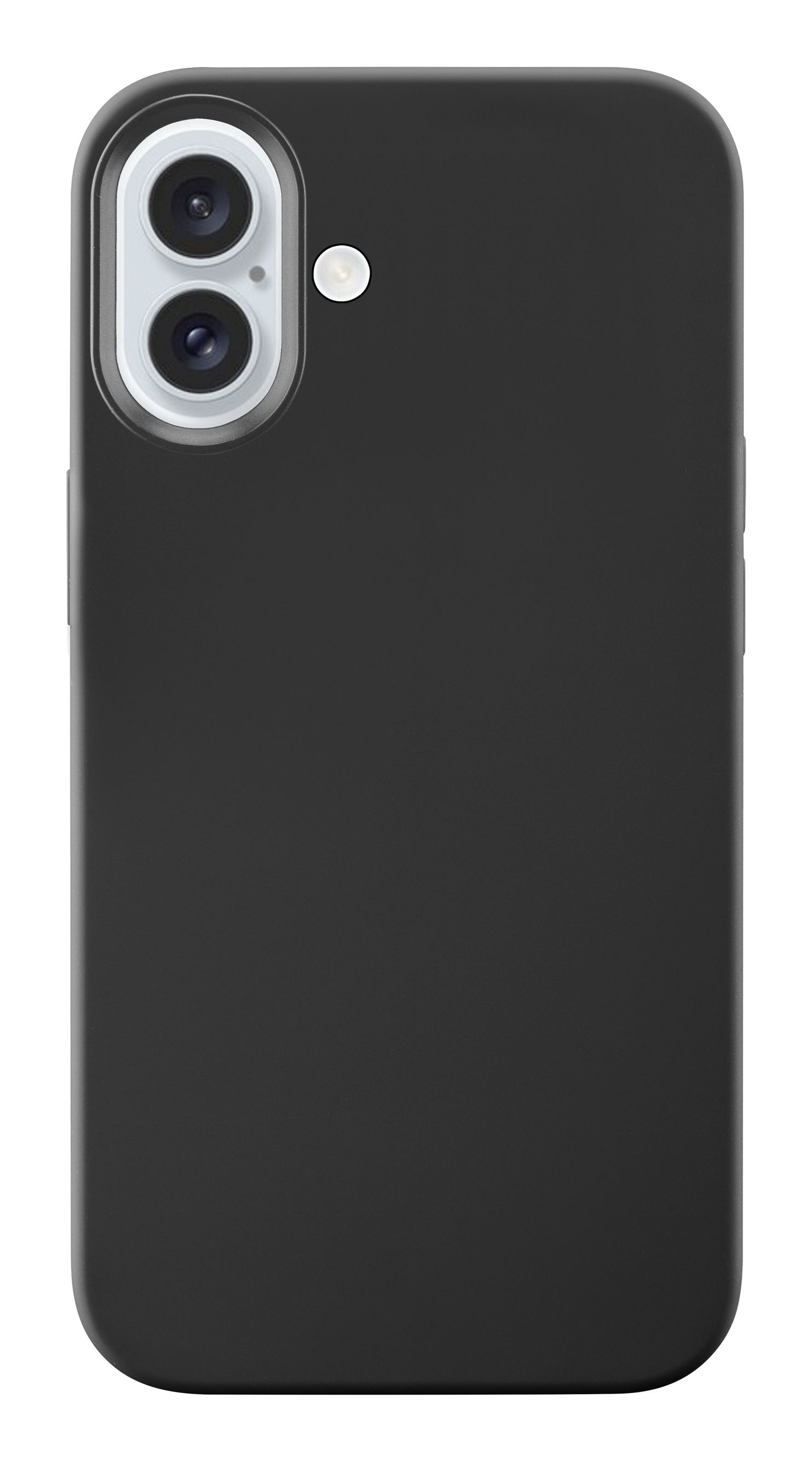Custodia per telefono nera, con due fotocamere. Sfondo nero.