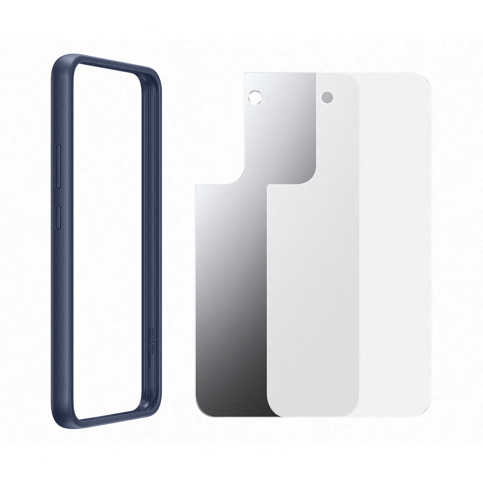 Blauwe telefoonhoes met drie schermbeschermers. Op een witte achtergrond.
