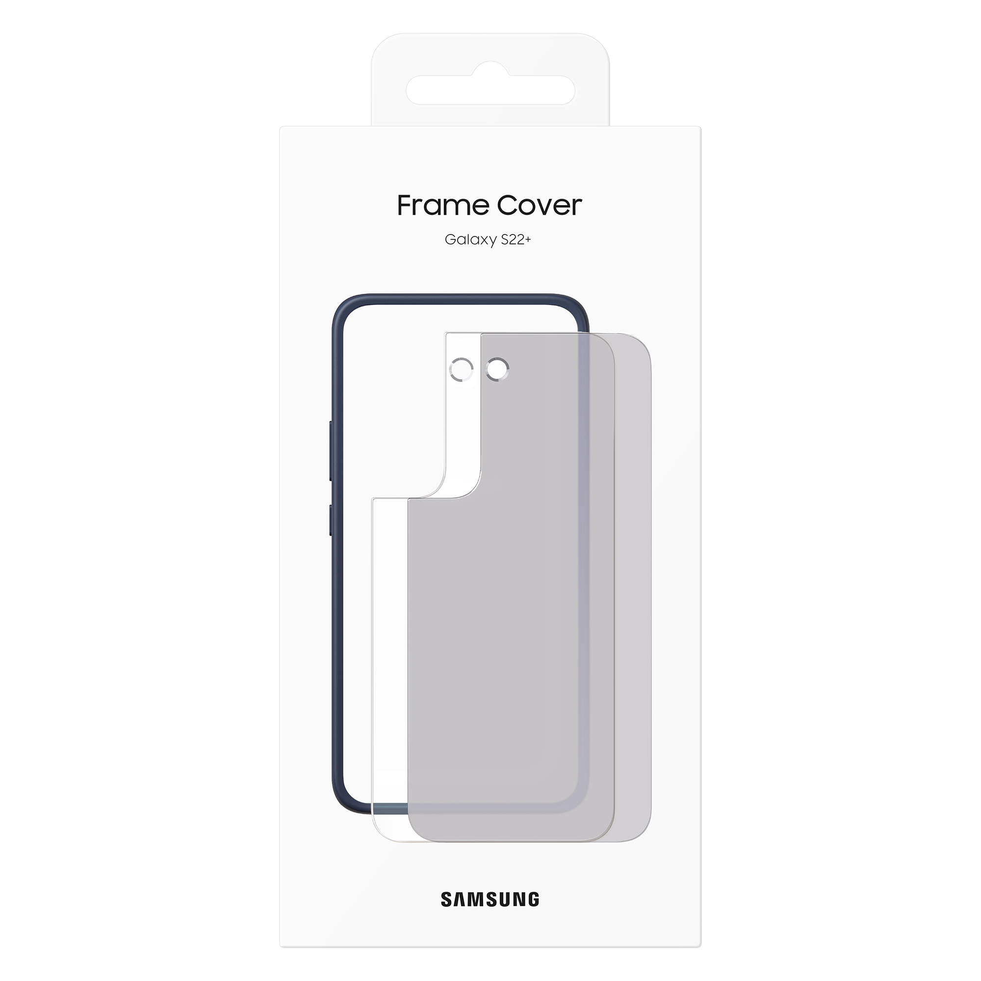 Samsung telefoon frame cover verpakking. Witte doos, transparante cover en een donkerblauw frame.