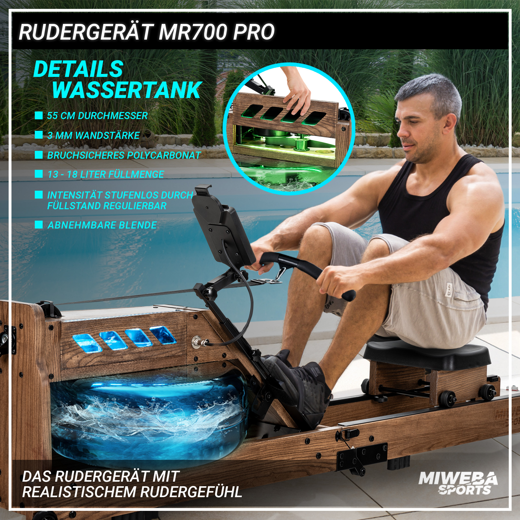 Mann benutzt Rudergerät. Details: Wassertank, 55 cm Durchmesser, 3 mm Wandstärke und abnehmbare Blende.