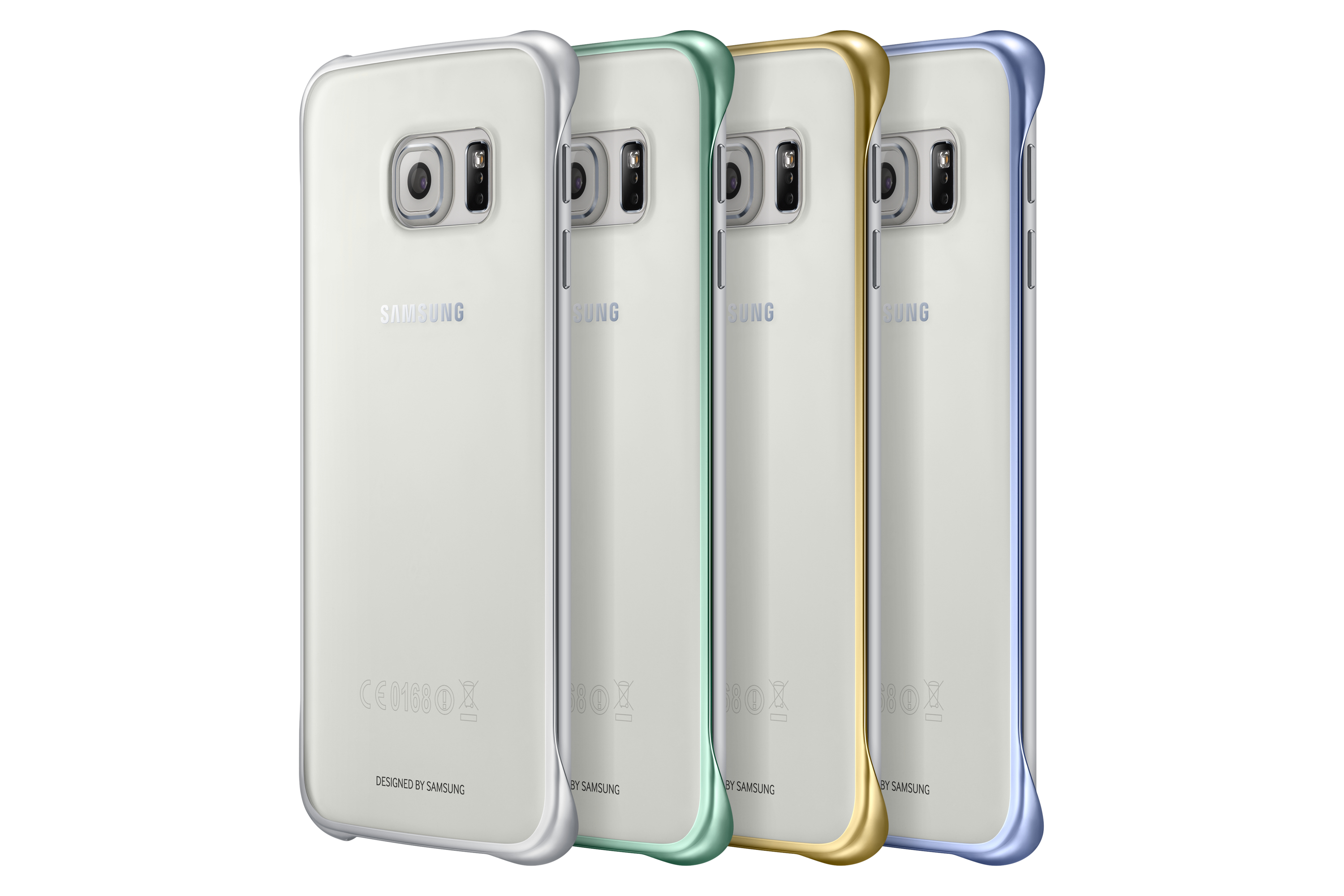 Quattro custodie per telefono in fila, ciascuna con un bordo di colore diverso. Sfondo bianco.