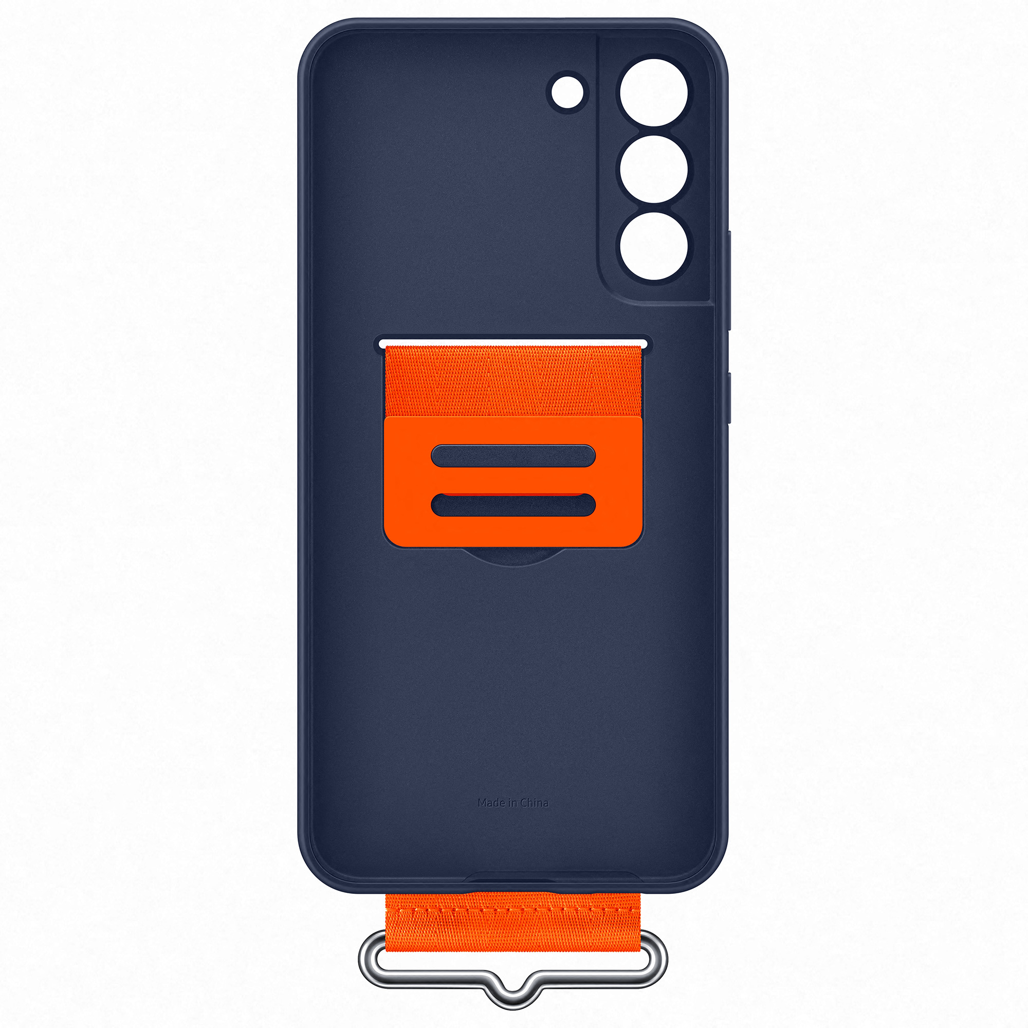 Marineblauwe telefoonhoes met een oranje riemhouder, op een witte achtergrond.