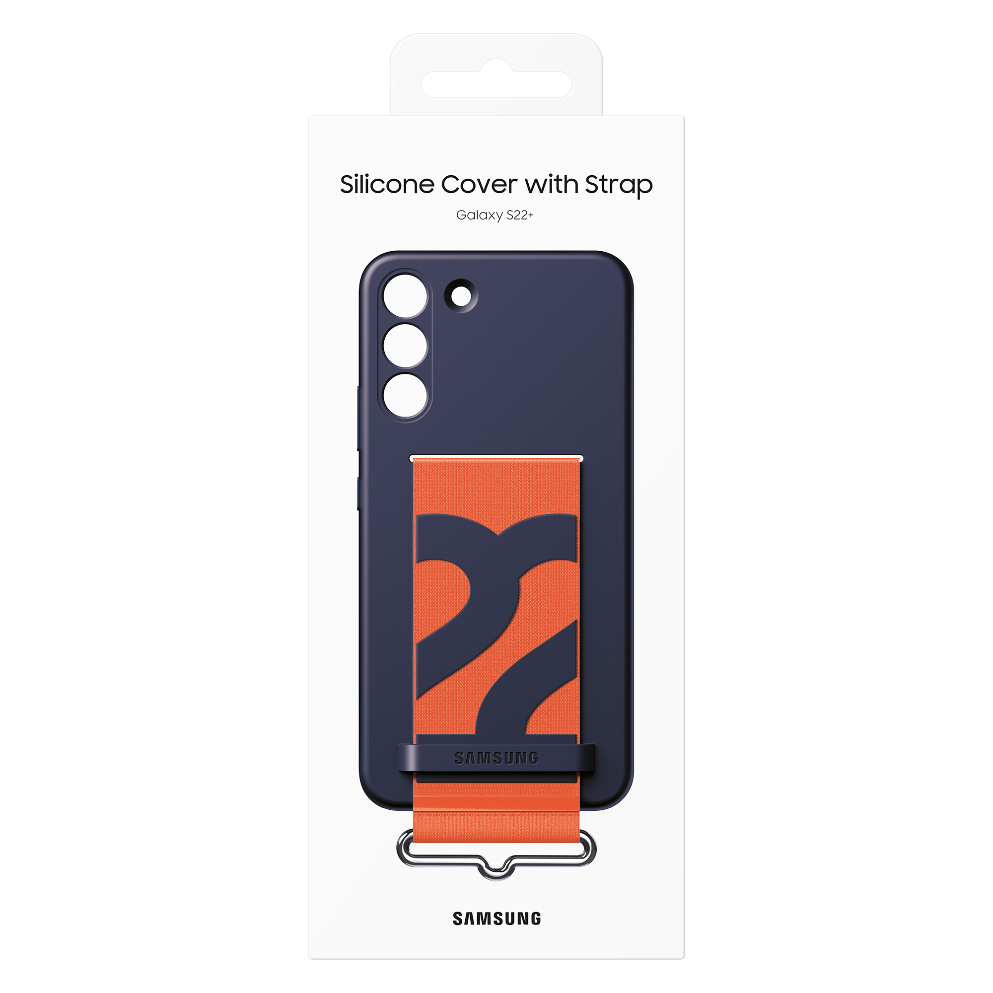 Marineblauwe telefoonhoes met oranje band. Witte verpakking met het Samsung-logo.