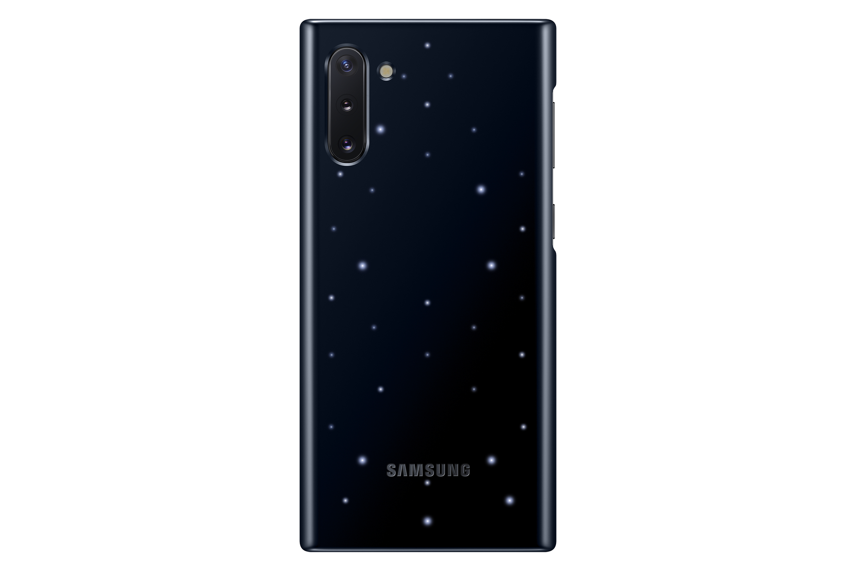 Custodia per telefono nera con punti bianchi e logo SAMSUNG.
