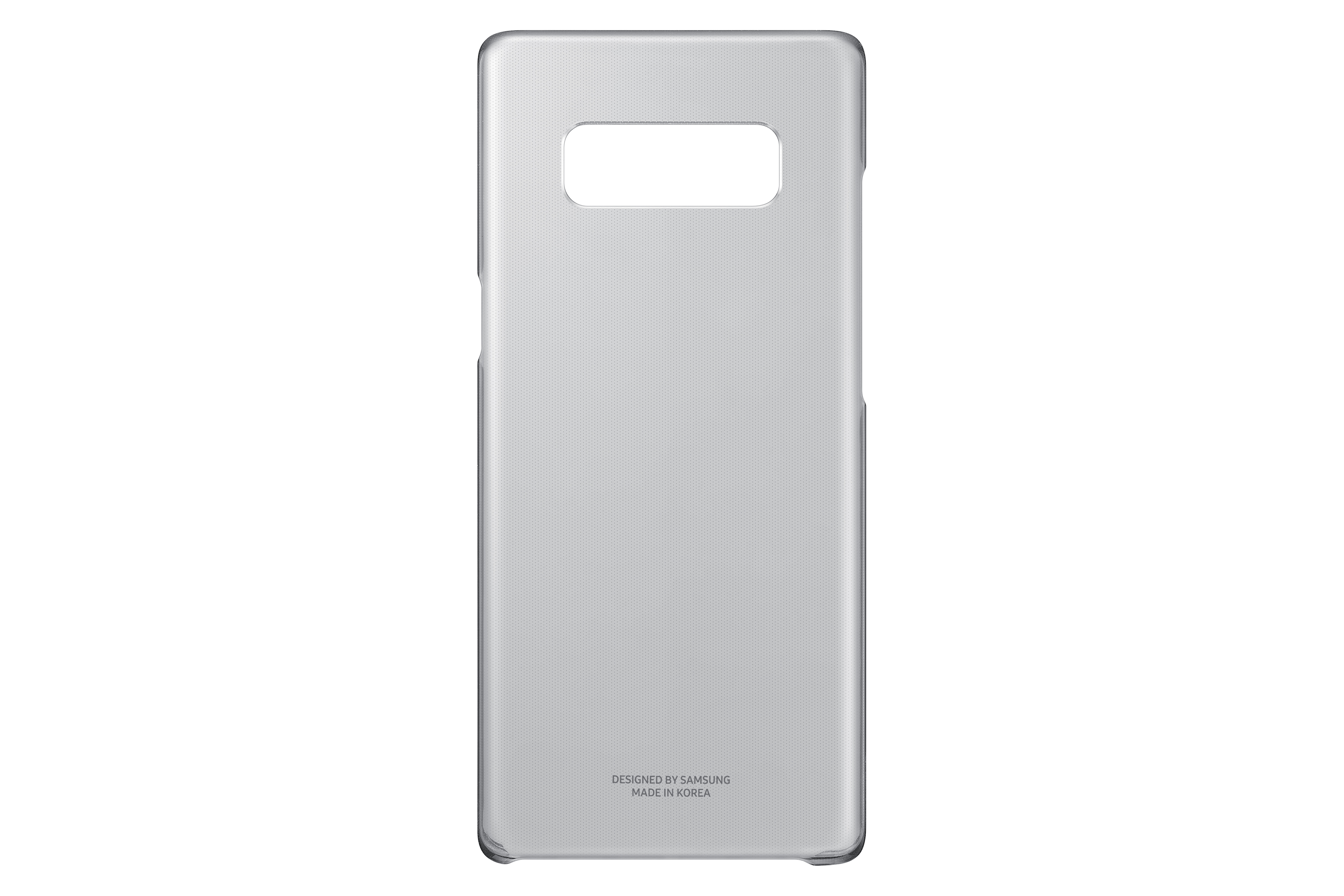 Custodia per telefono argentata, con ritaglio rettangolare per fotocamera.