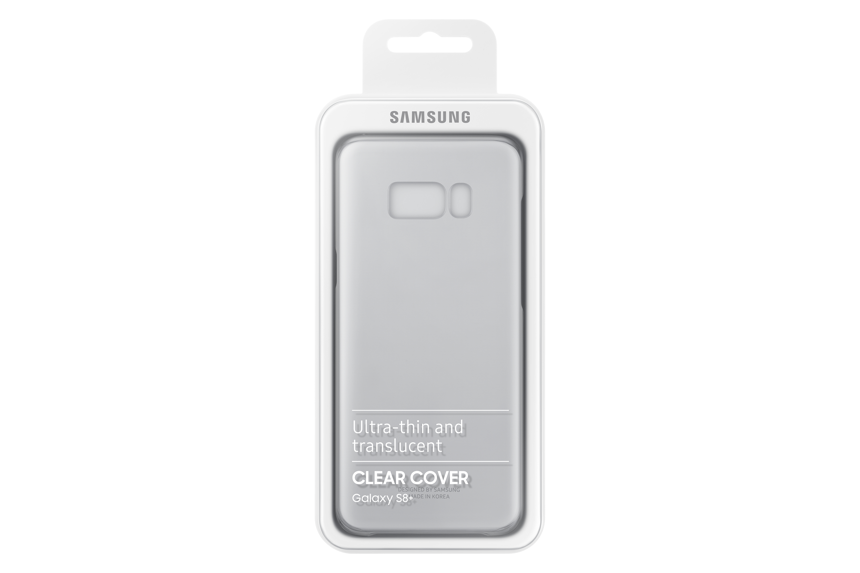 Una cover trasparente per telefono in confezione con le parole 'Ultra-thin and translucent'.