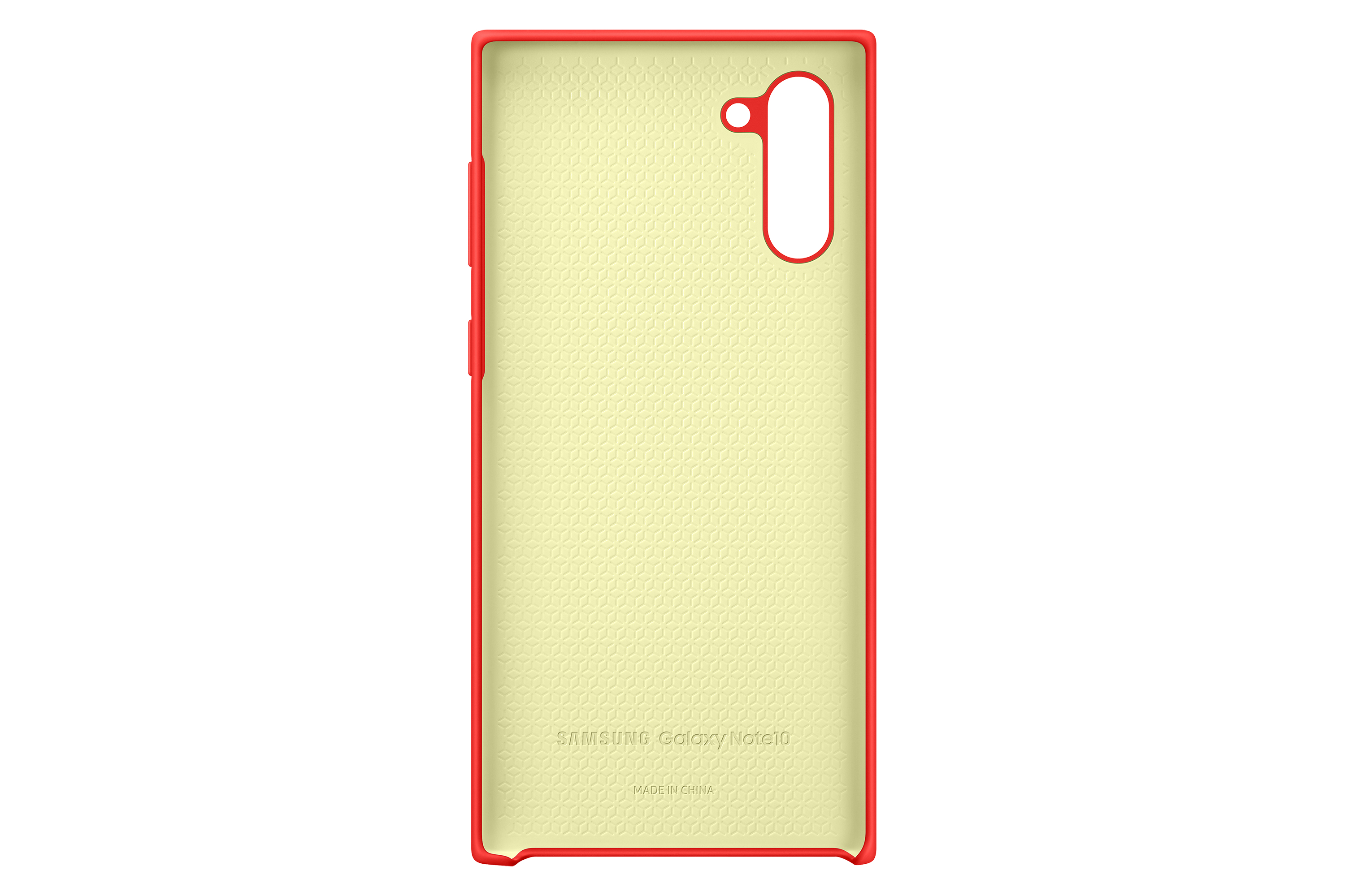 Custodia per telefono rossa, con interno giallo, progettata per il Samsung Galaxy Note10.