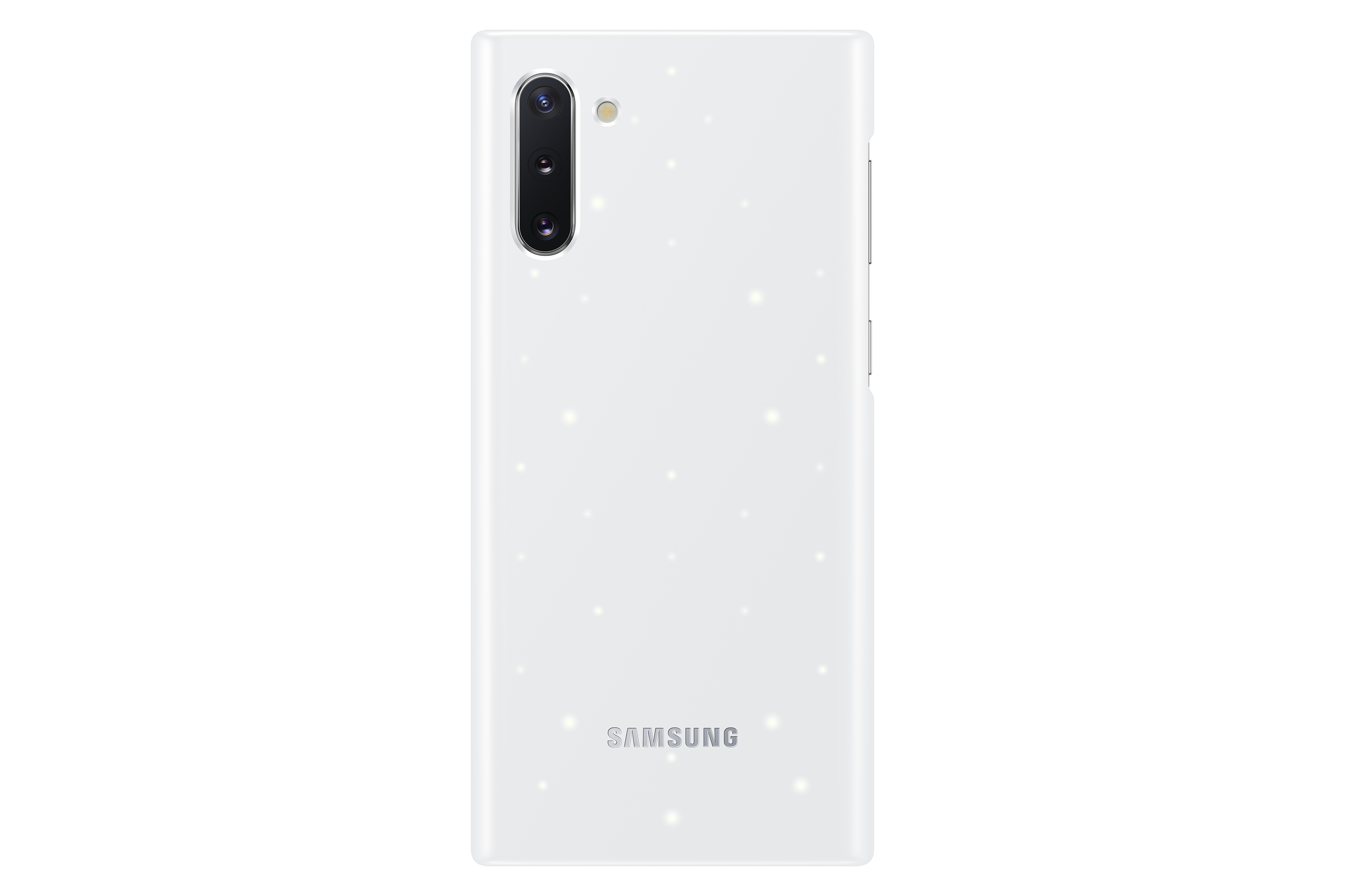 Weiße Handyhülle mit Kameralinsen und Samsung-Logo, mit Lichtern.