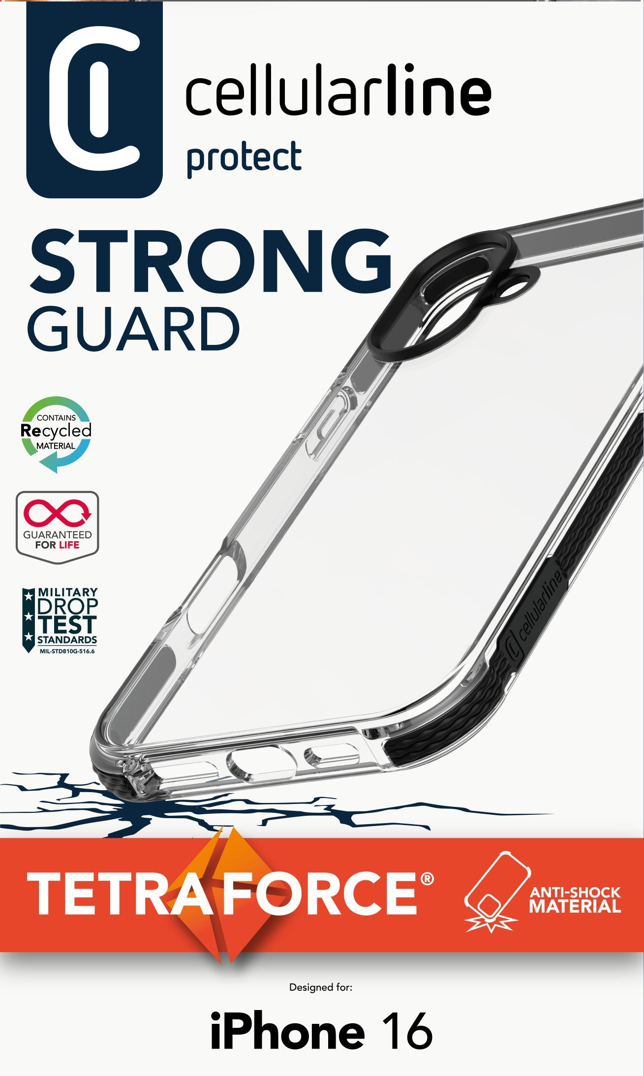 Une coque de téléphone transparente avec des bords noirs et du texte.
