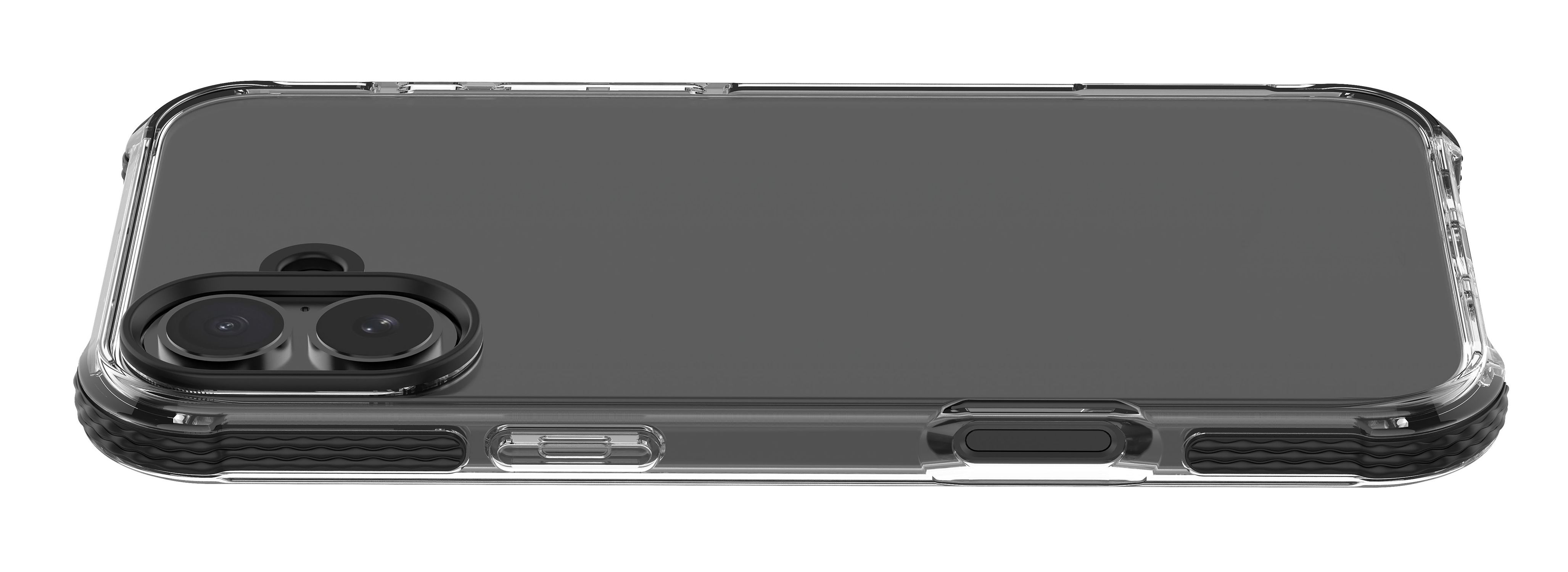 Coque de téléphone transparente avec deux objectifs et boutons latéraux visibles.