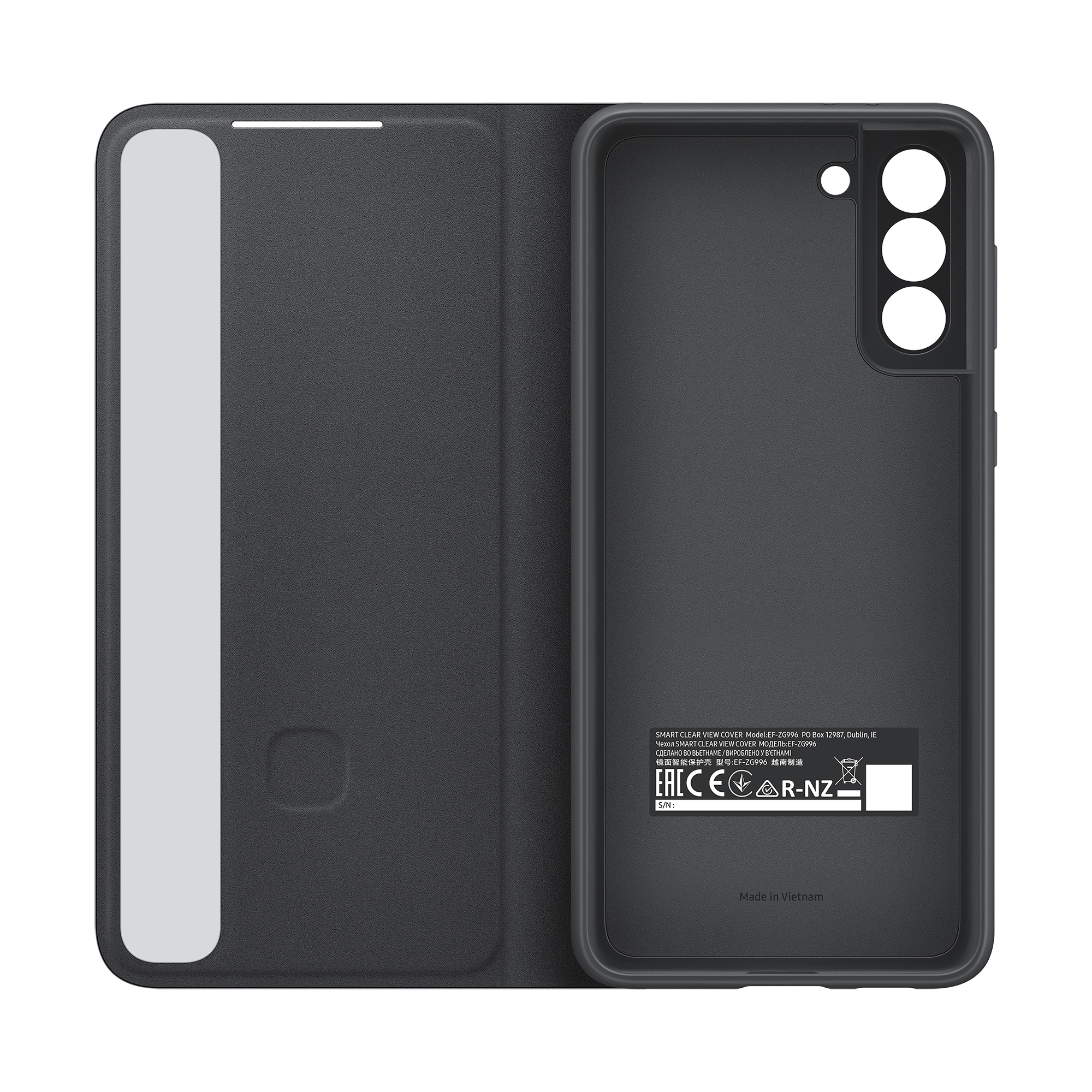 Funda negra para teléfono, abierta. Muestra el interior. Texto y logotipo visibles dentro.