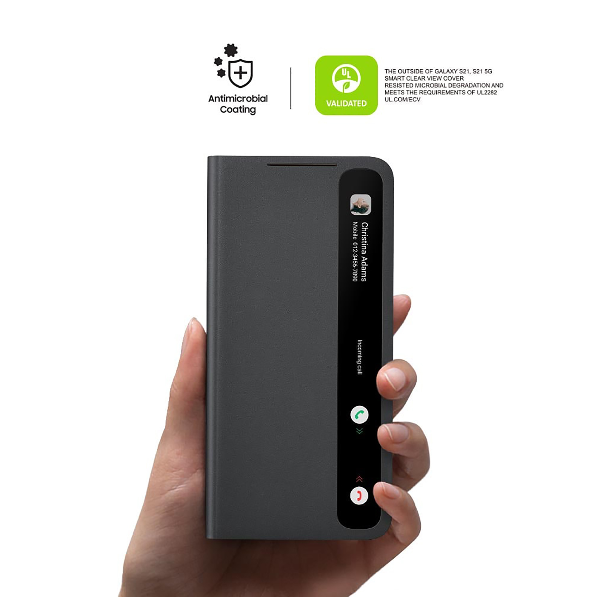 Mano sosteniendo una funda de teléfono negra cerrada con una pantalla que muestra una llamada.