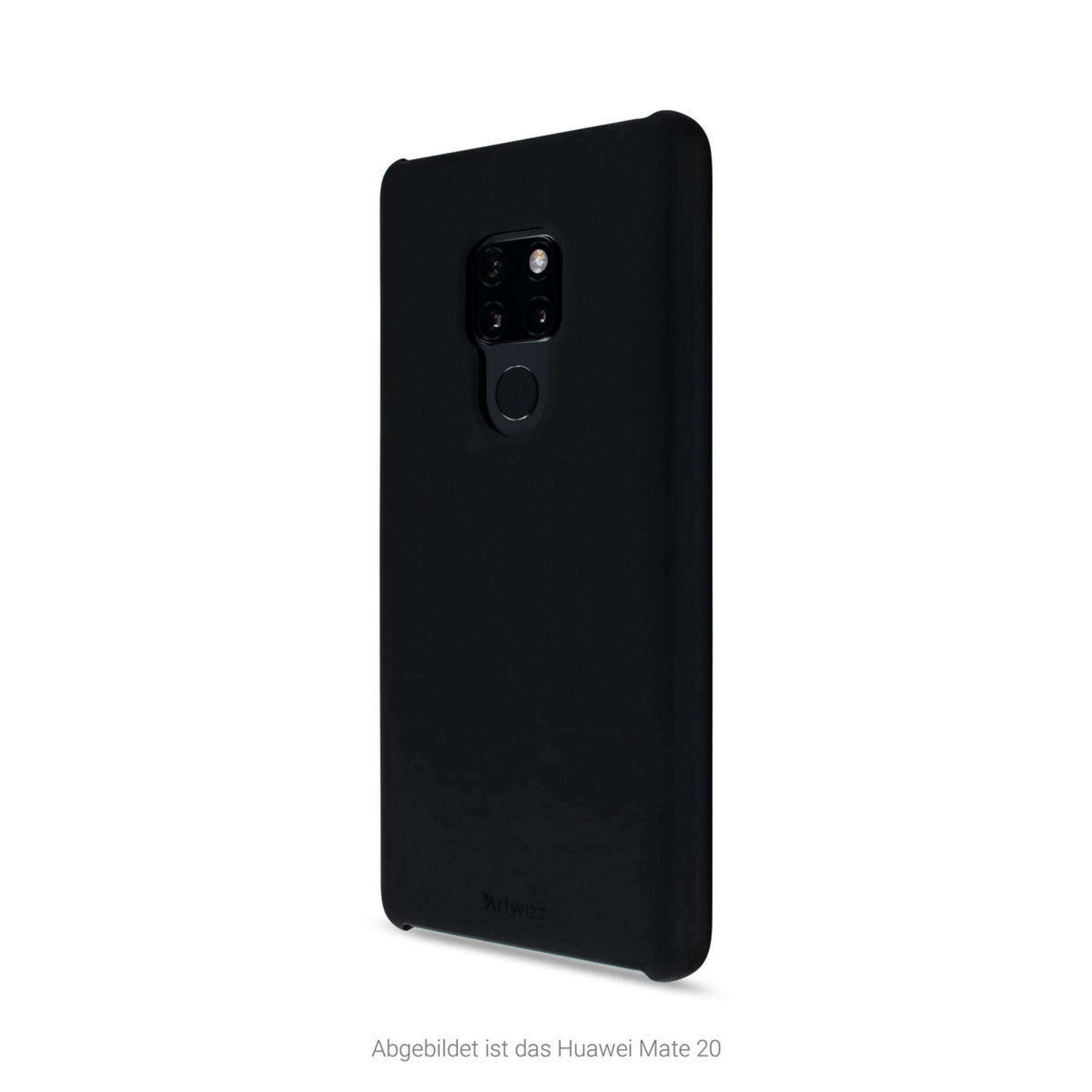 Una custodia nera per telefono è in mostra. La custodia copre la parte posteriore di un telefono, mostrando la fotocamera e un logo in basso.