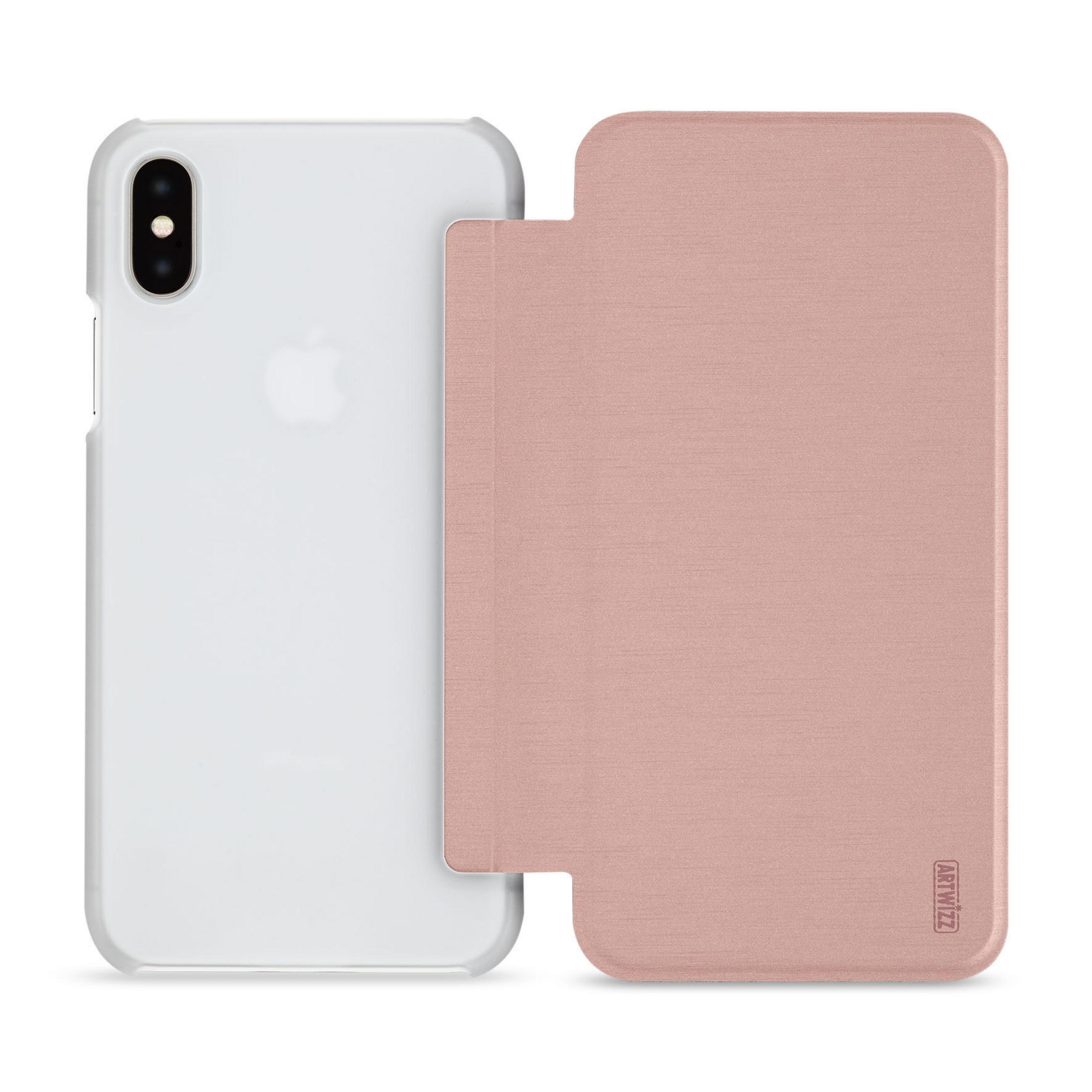 Weißes iPhone mit pinker Hülle. Hülle geöffnet, zeigt Rückseite des Telefons, pinke Textur auf der Abdeckung.