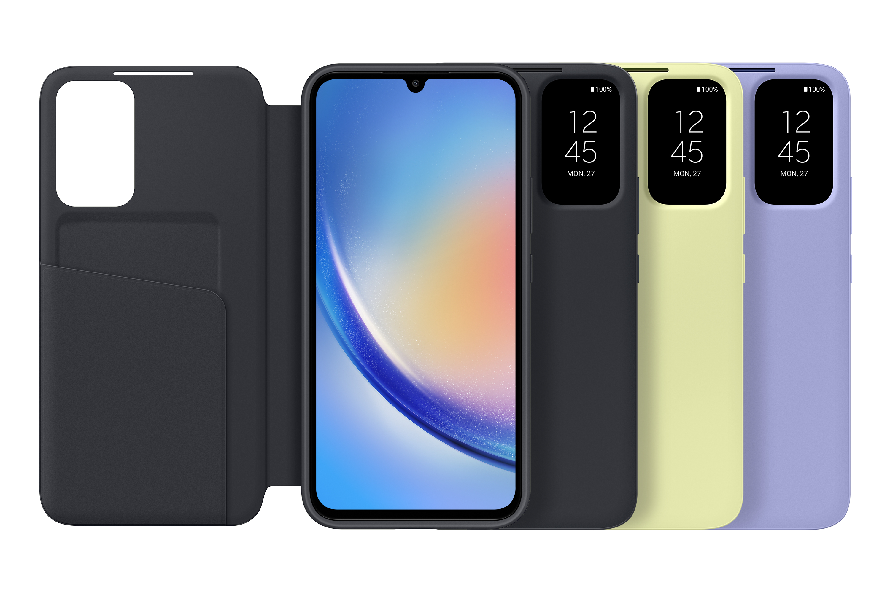 Meerdere telefoonhoesjes met een telefoon erin op een rij; verschillende kleuren.