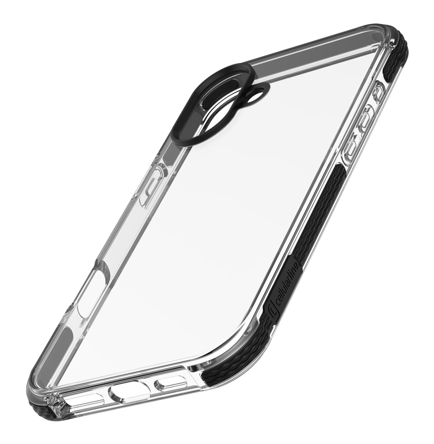 Coque de téléphone transparente avec bords noirs. Montre les boutons latéraux du téléphone.