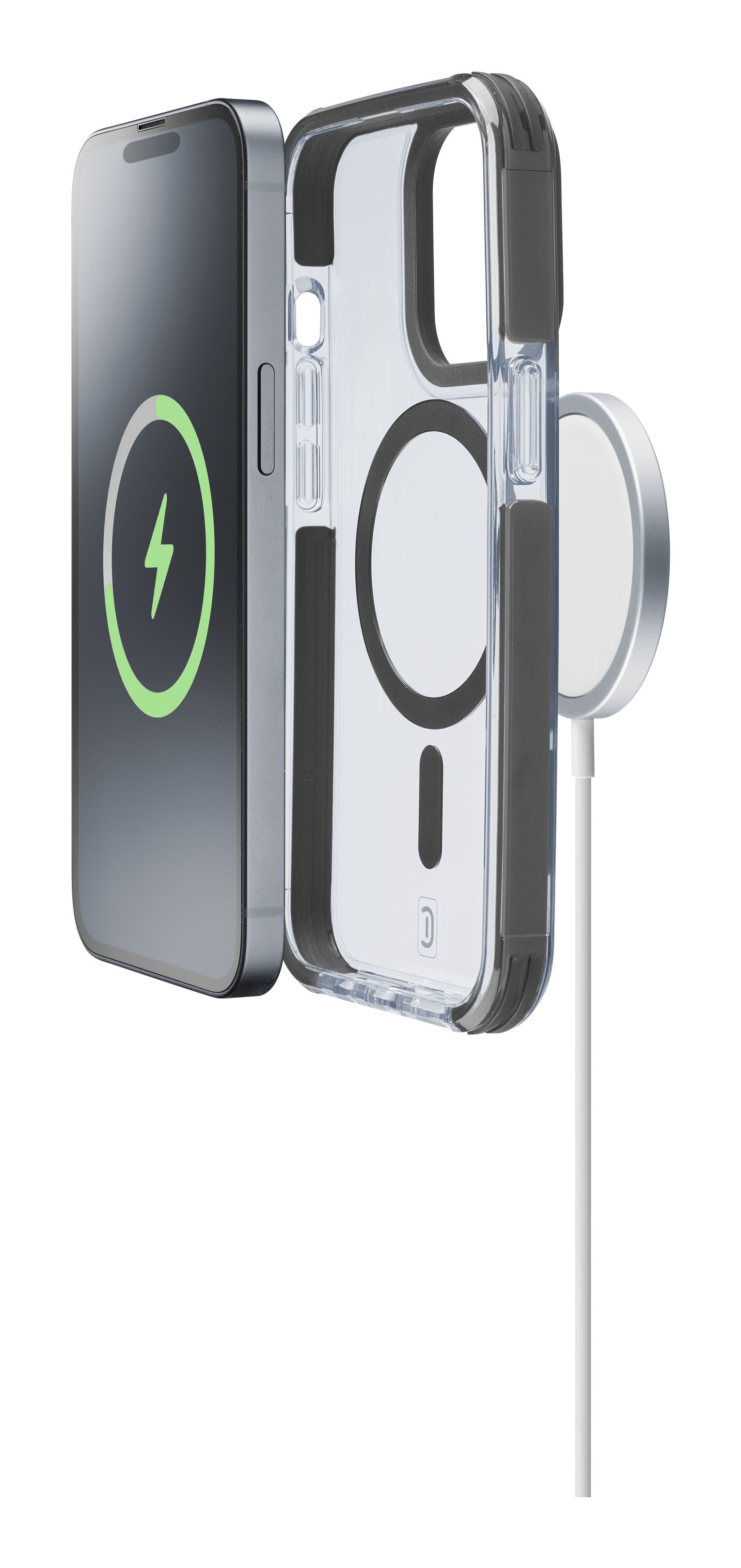Ein Telefon und eine transparente Handyhülle sind magnetisch an einem Ladepad befestigt.