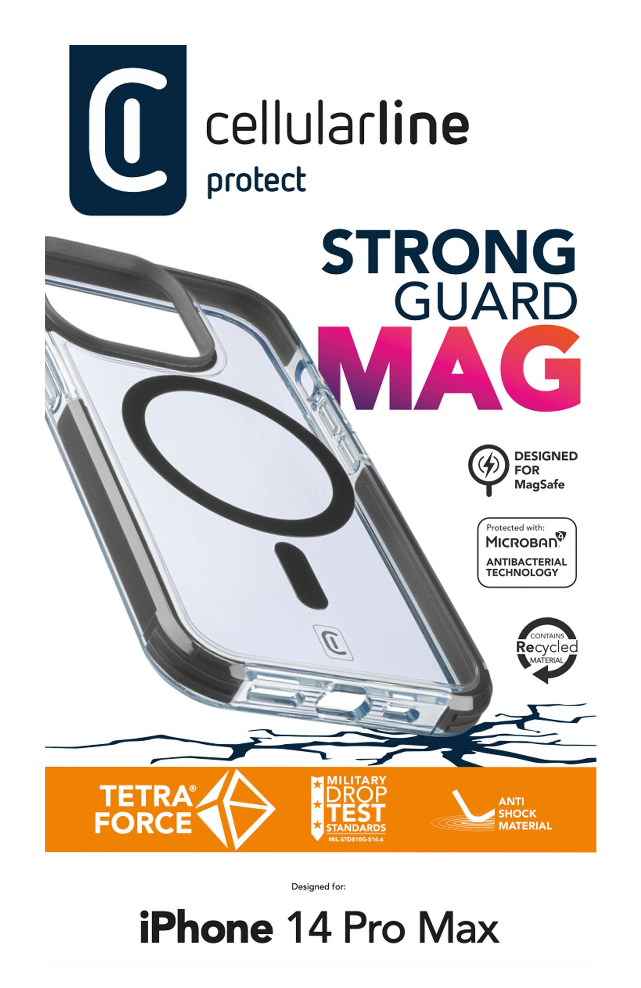 Telefonhüllenverpackung mit einer transparenten Hülle und Text über Schutz und Funktionen.