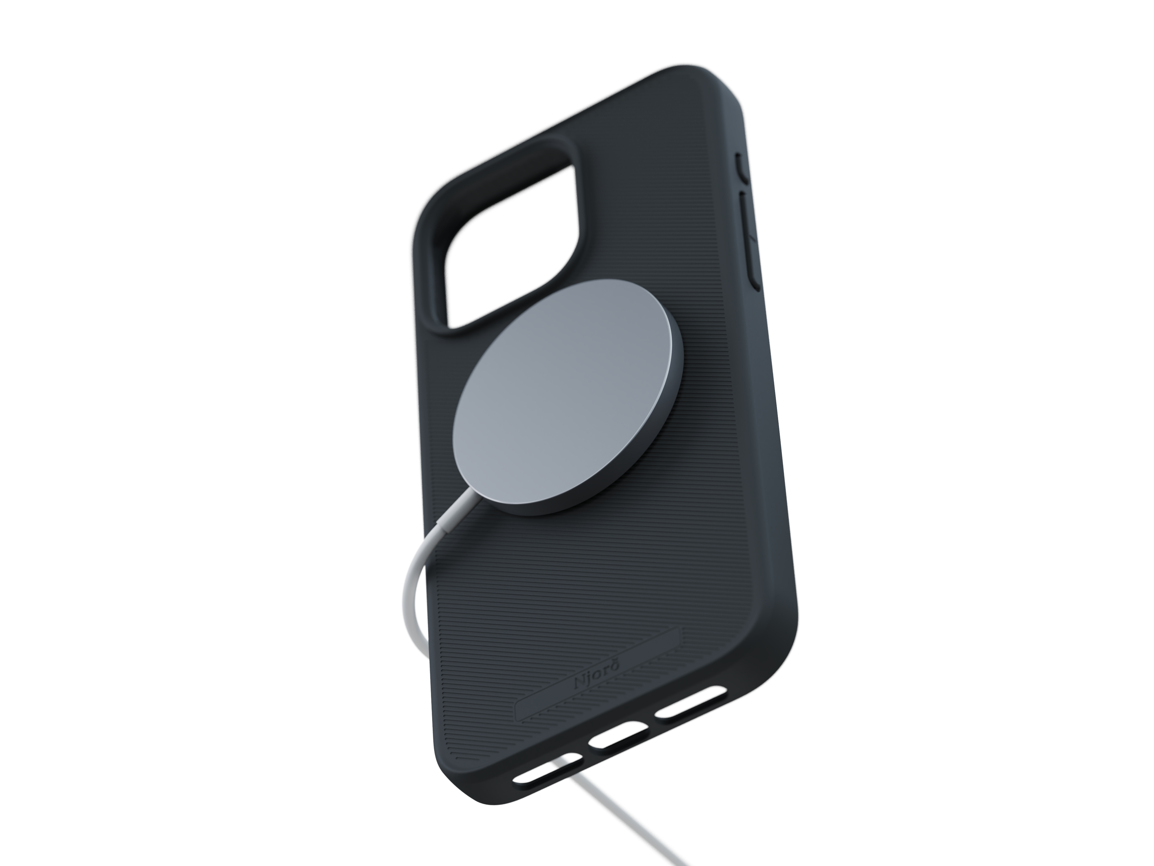 Custodia nera per telefono con un caricatore circolare grigio collegato tramite un cavo bianco.