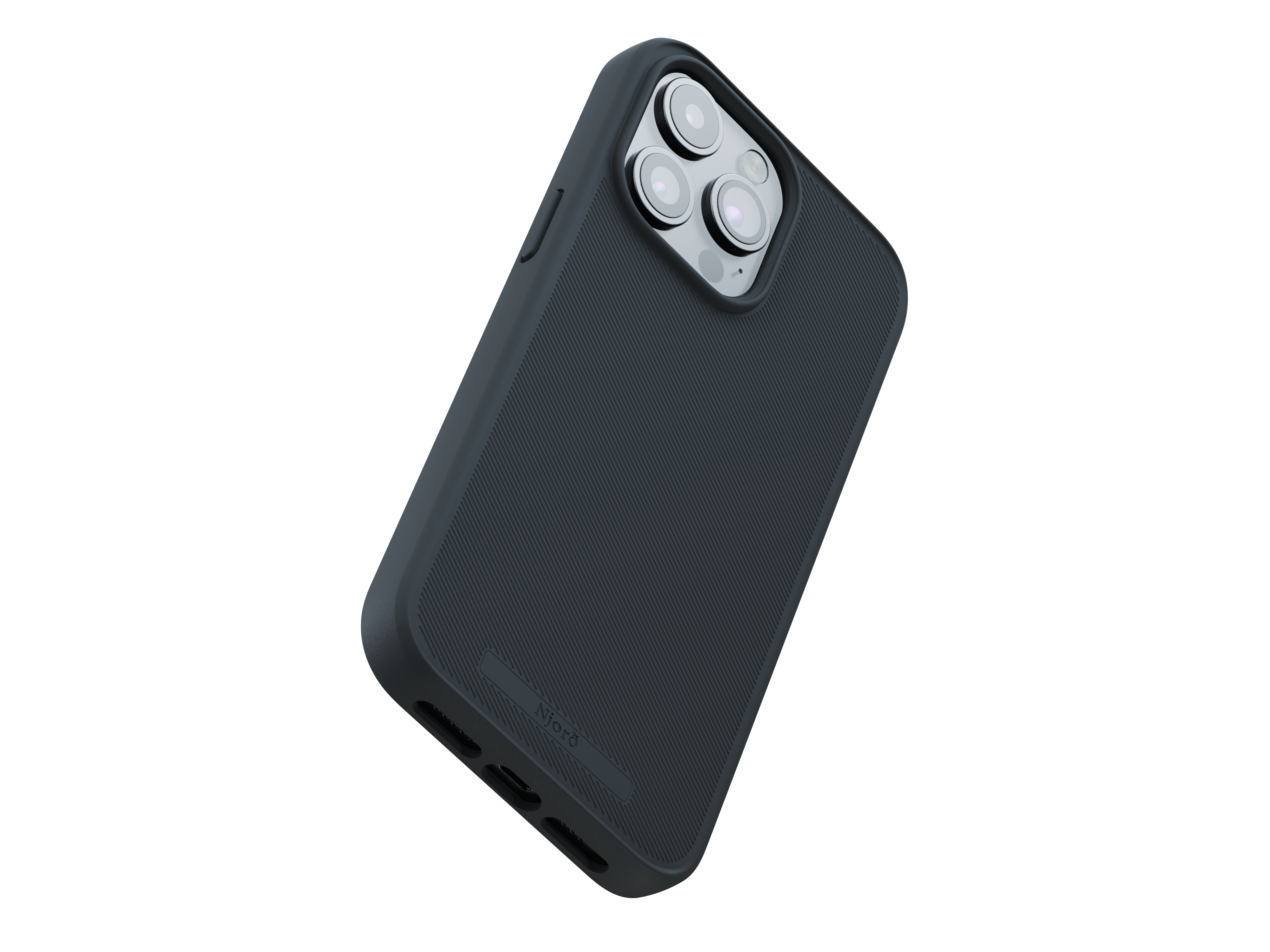 Custodia per telefono grigio scuro con fori per fotocamera.
