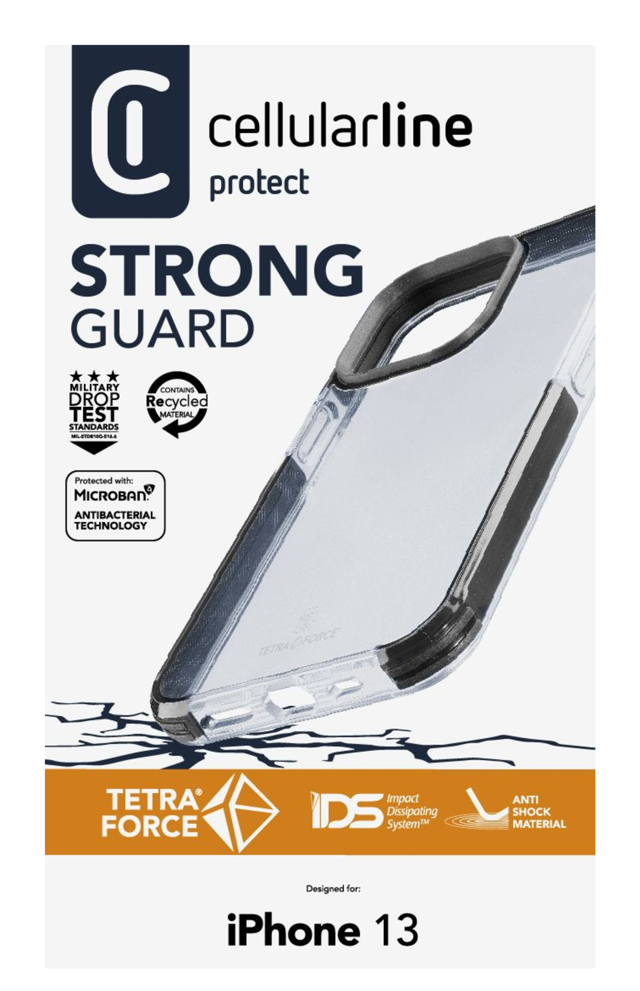 Custodia per telefono con testo e loghi che promuovono protezione, test di caduta militare e materiale riciclato.