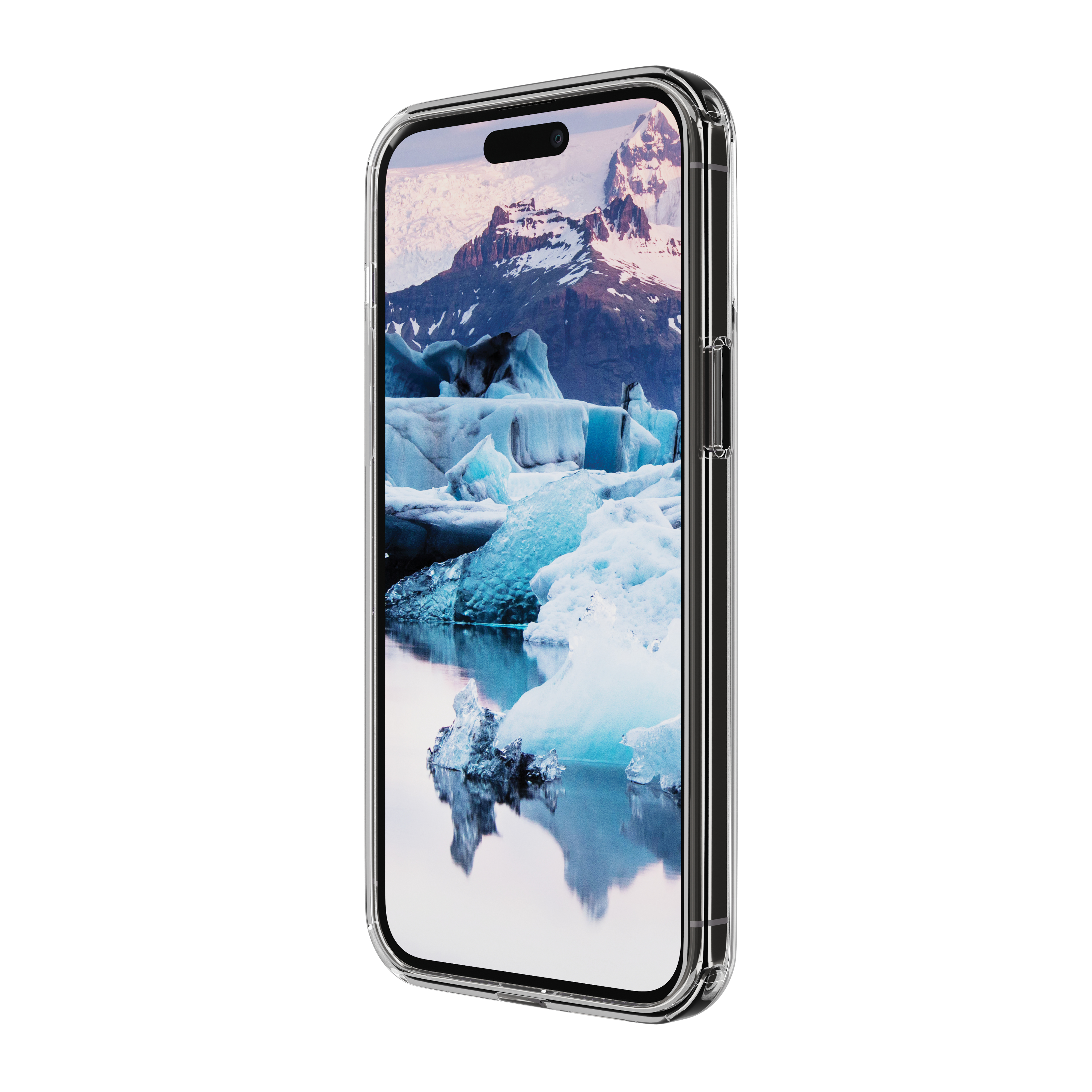 Smartphone mit transparentem Gehäuse. Der Bildschirm zeigt eine schneebedeckte Landschaft mit Eisbergen.