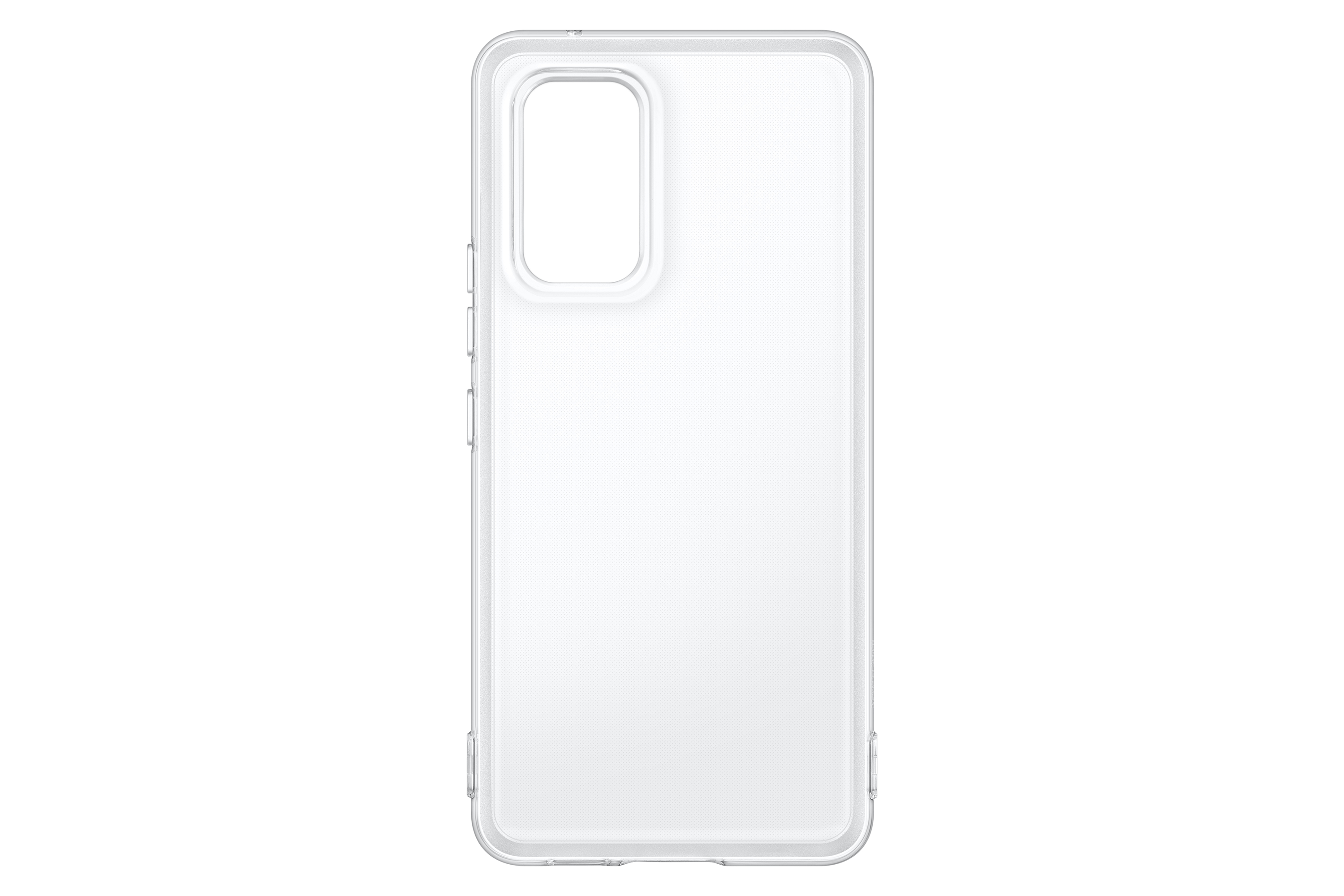 Clear phone case. Rectangular shape with camera hole, buttons, and a slight raised edge.