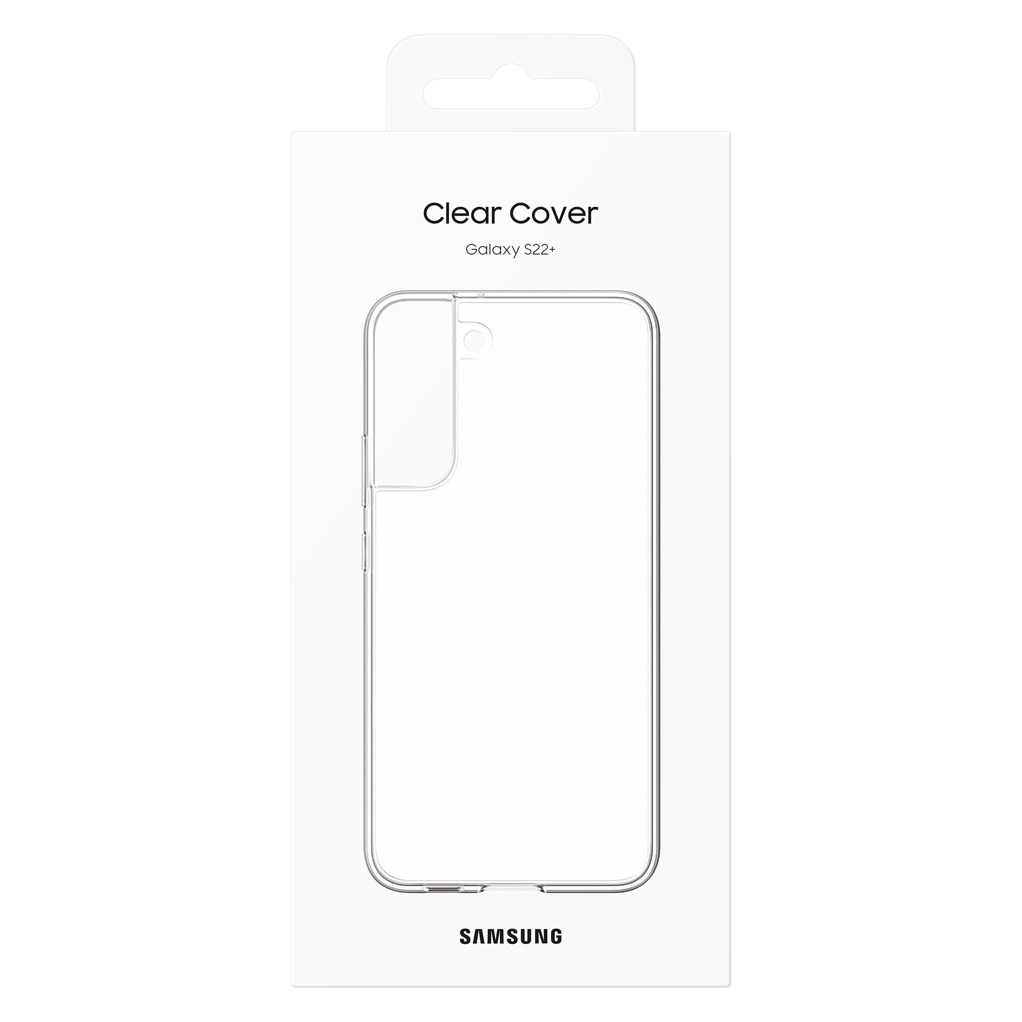 Przezroczyste etui na telefon Samsung Galaxy S22+ w białym opakowaniu.