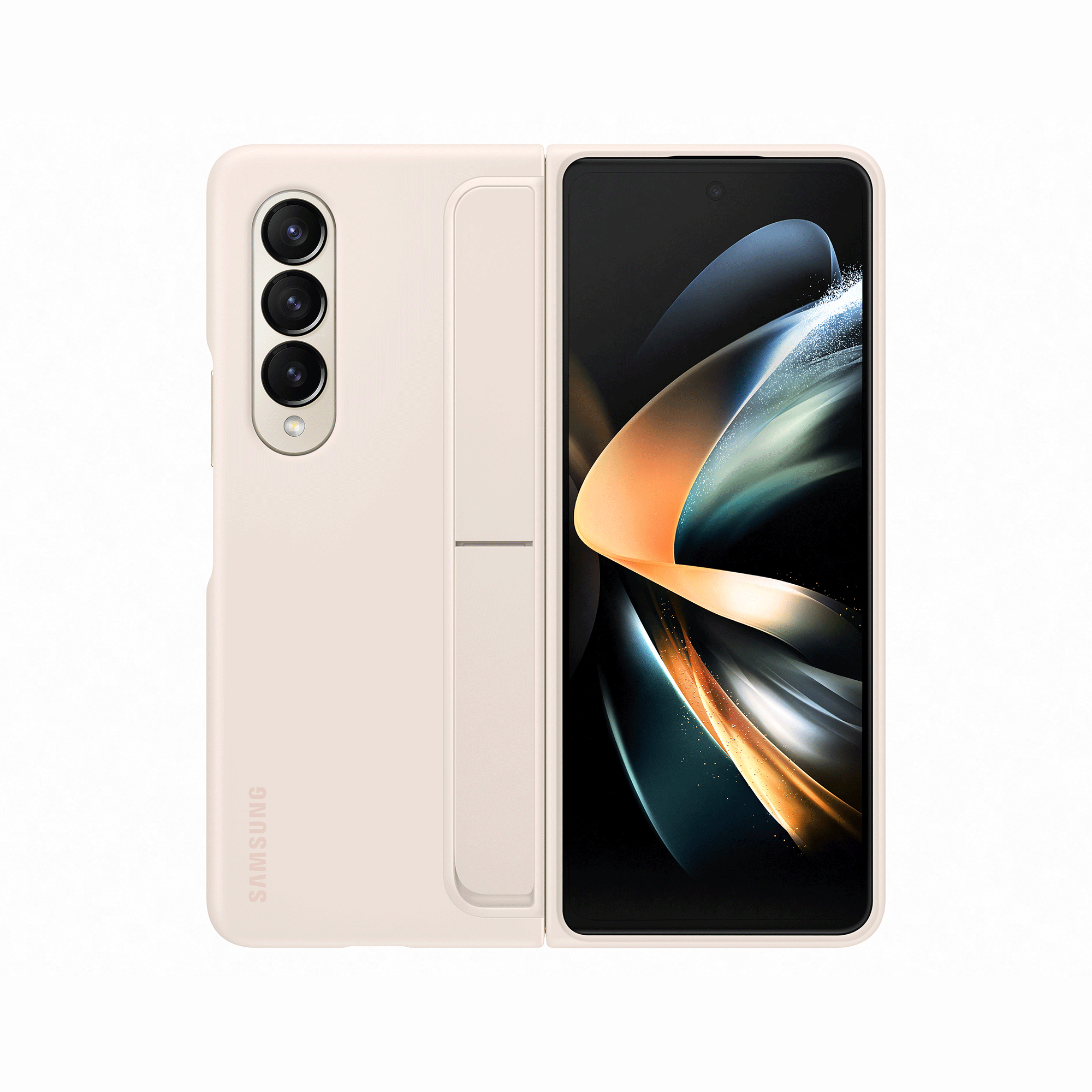Teléfono beige abierto con tres cámaras y una pantalla sobre fondo blanco.